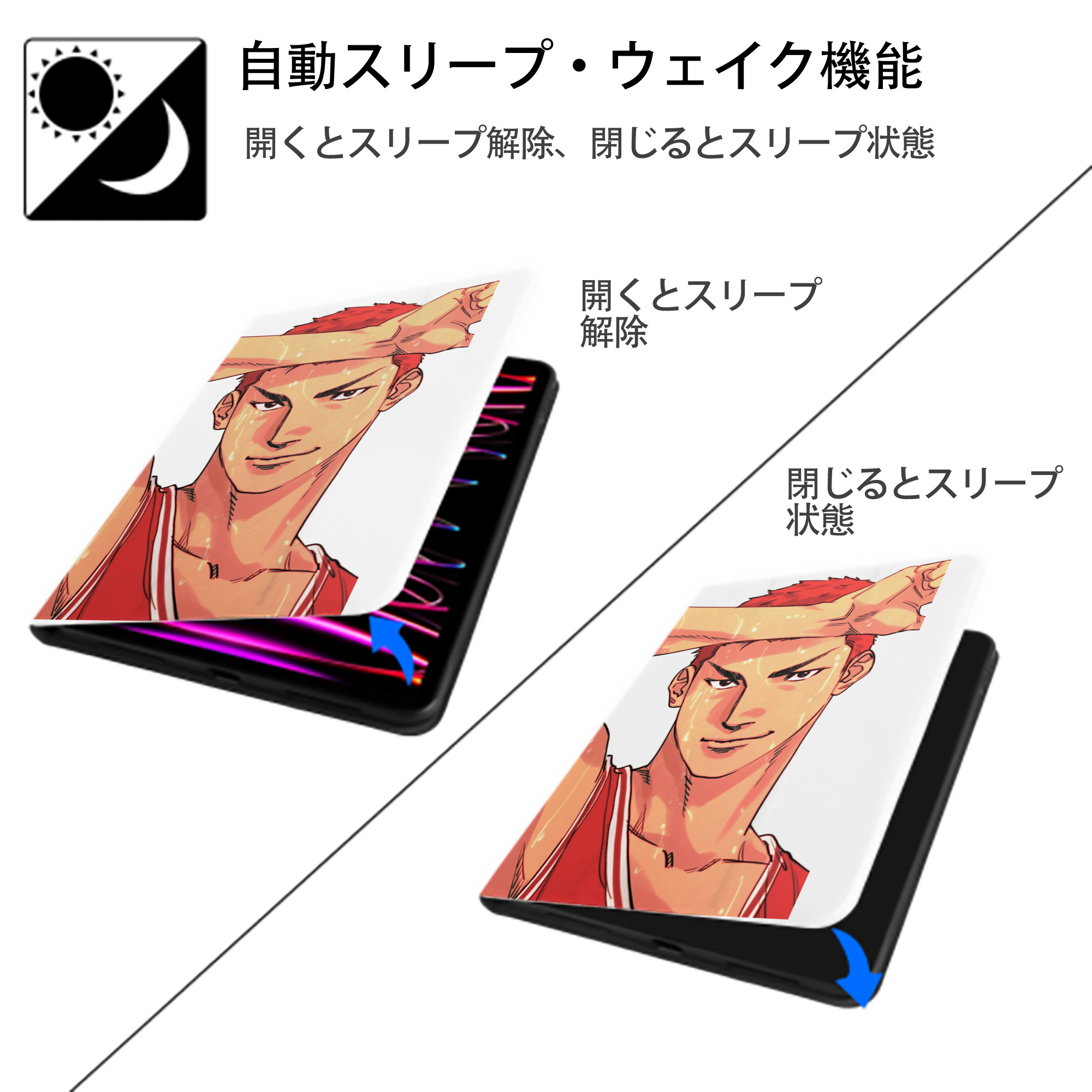 SLAM DUNK／スラムダンク IPad ケース ペン収納付き 三つ折りスタンド PUレザー×シリコン 対応機種9.5/10.5/10.9インチ