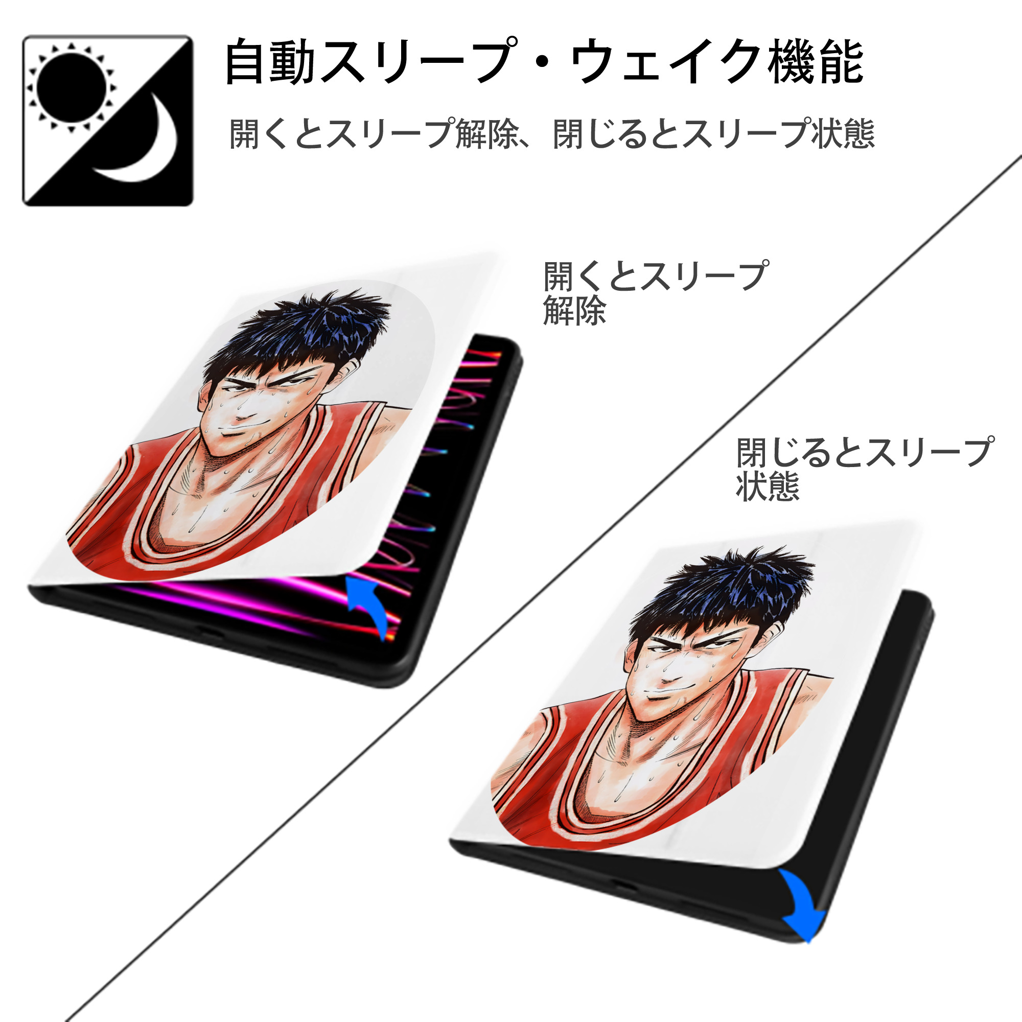 SLAM DUNK／スラムダンク IPad ケース ペン収納付き 三つ折りスタンド PUレザー×シリコン 対応機種9.5/10.5/10.9インチ
