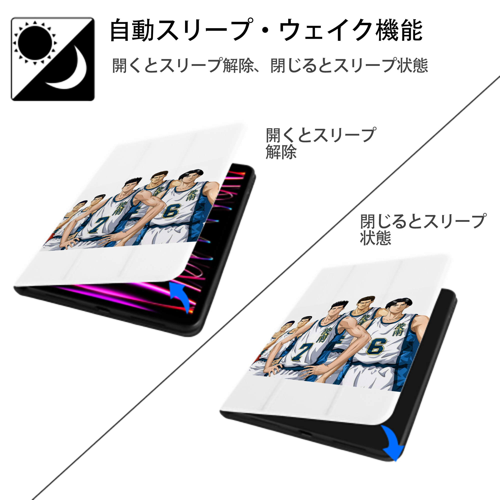 SLAM DUNK／スラムダンク IPad ケース ペン収納付き 三つ折りスタンド PUレザー×シリコン 対応機種9.5/10.5/10.9インチ