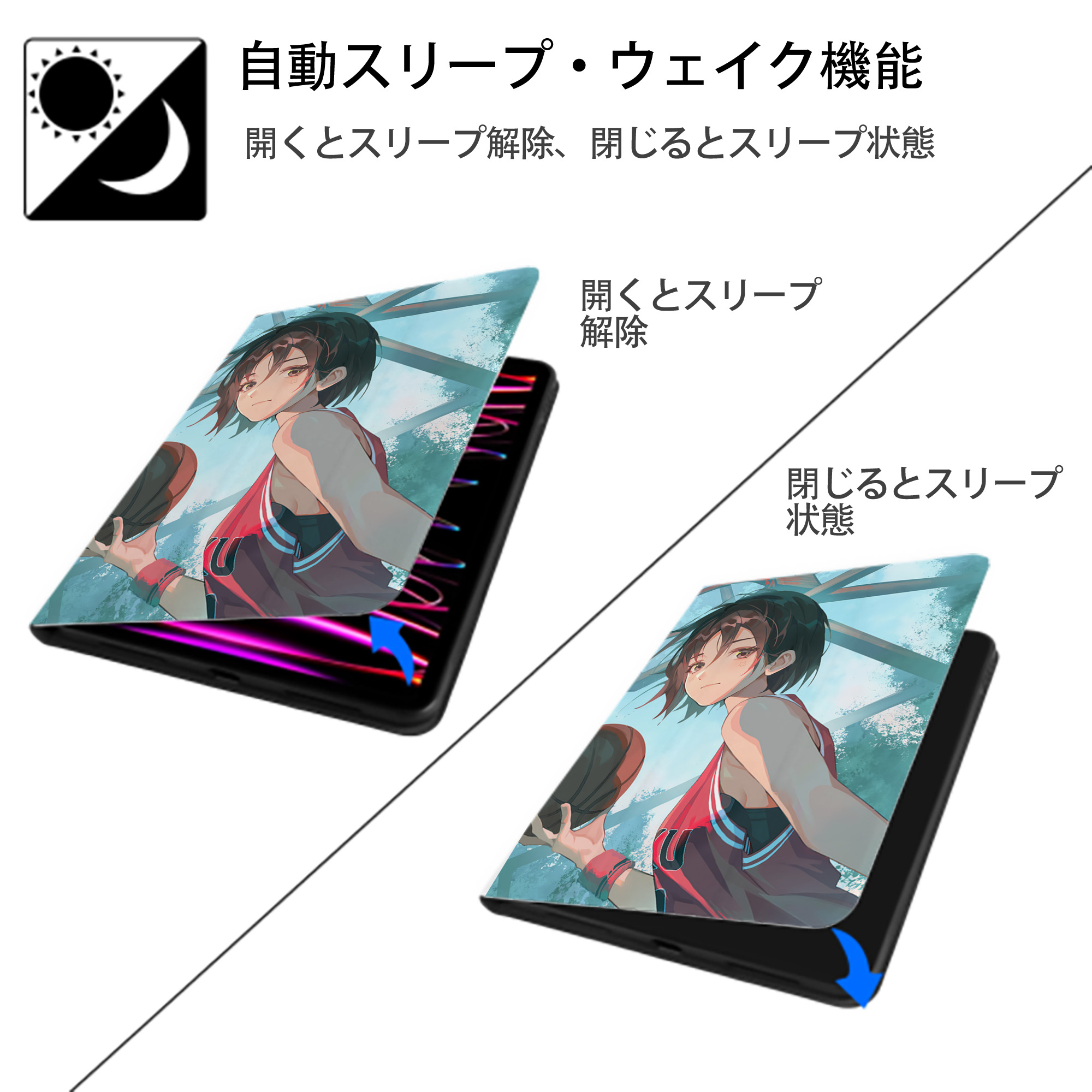 SLAM DUNK／スラムダンク IPad ケース ペン収納付き 三つ折りスタンド PUレザー×シリコン 対応機種9.5/10.5/10.9インチ