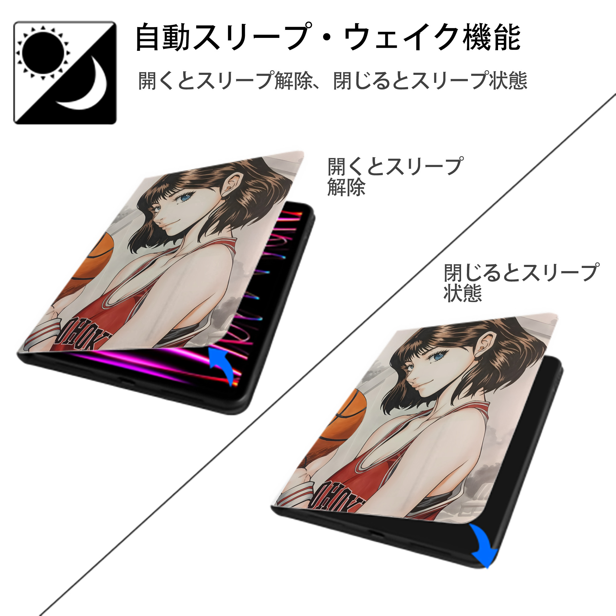 SLAM DUNK／スラムダンク IPad ケース ペン収納付き 三つ折りスタンド PUレザー×シリコン 対応機種9.5/10.5/10.9インチ