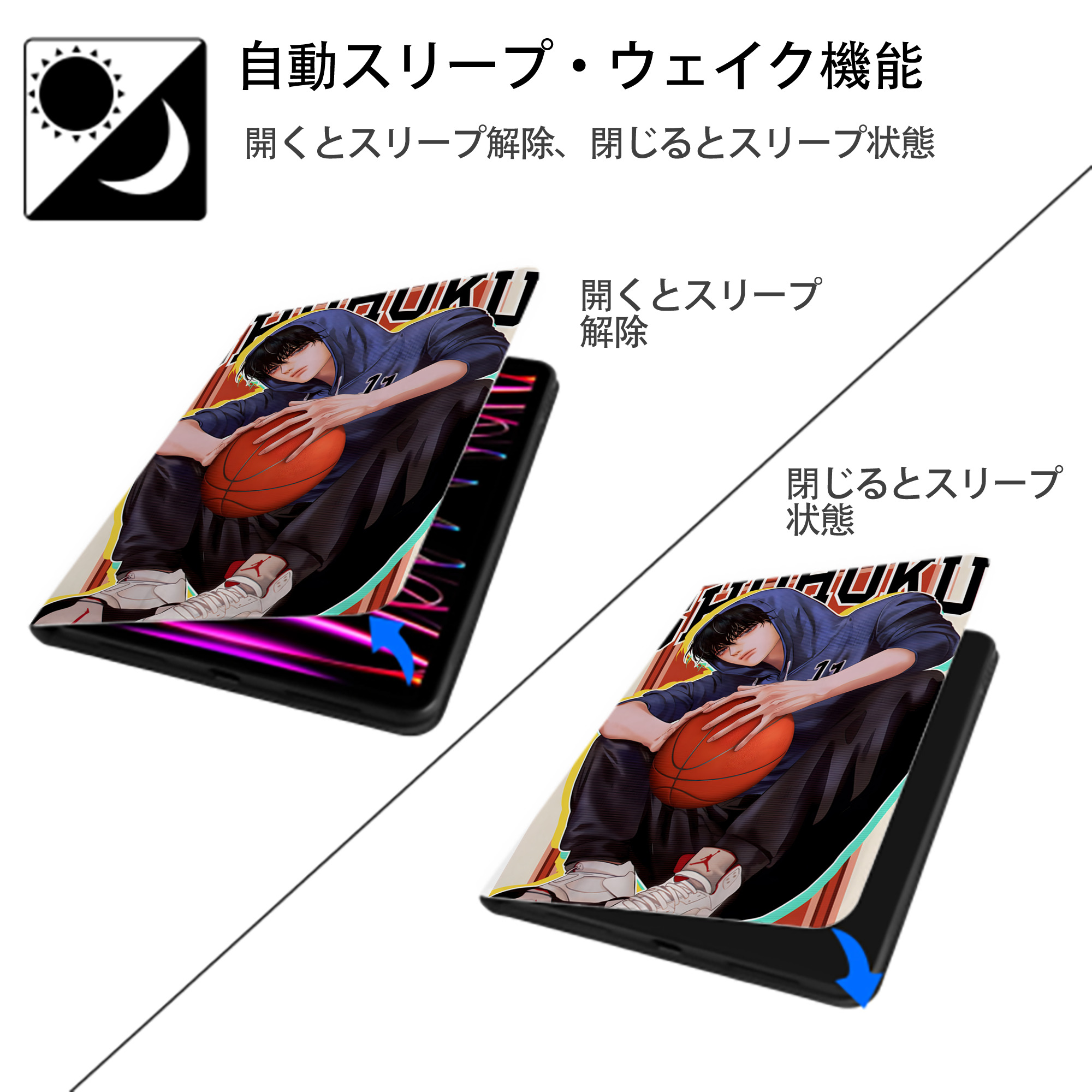 SLAM DUNK／スラムダンク IPad ケース ペン収納付き 三つ折りスタンド PUレザー×シリコン 対応機種9.5/10.5/10.9インチ
