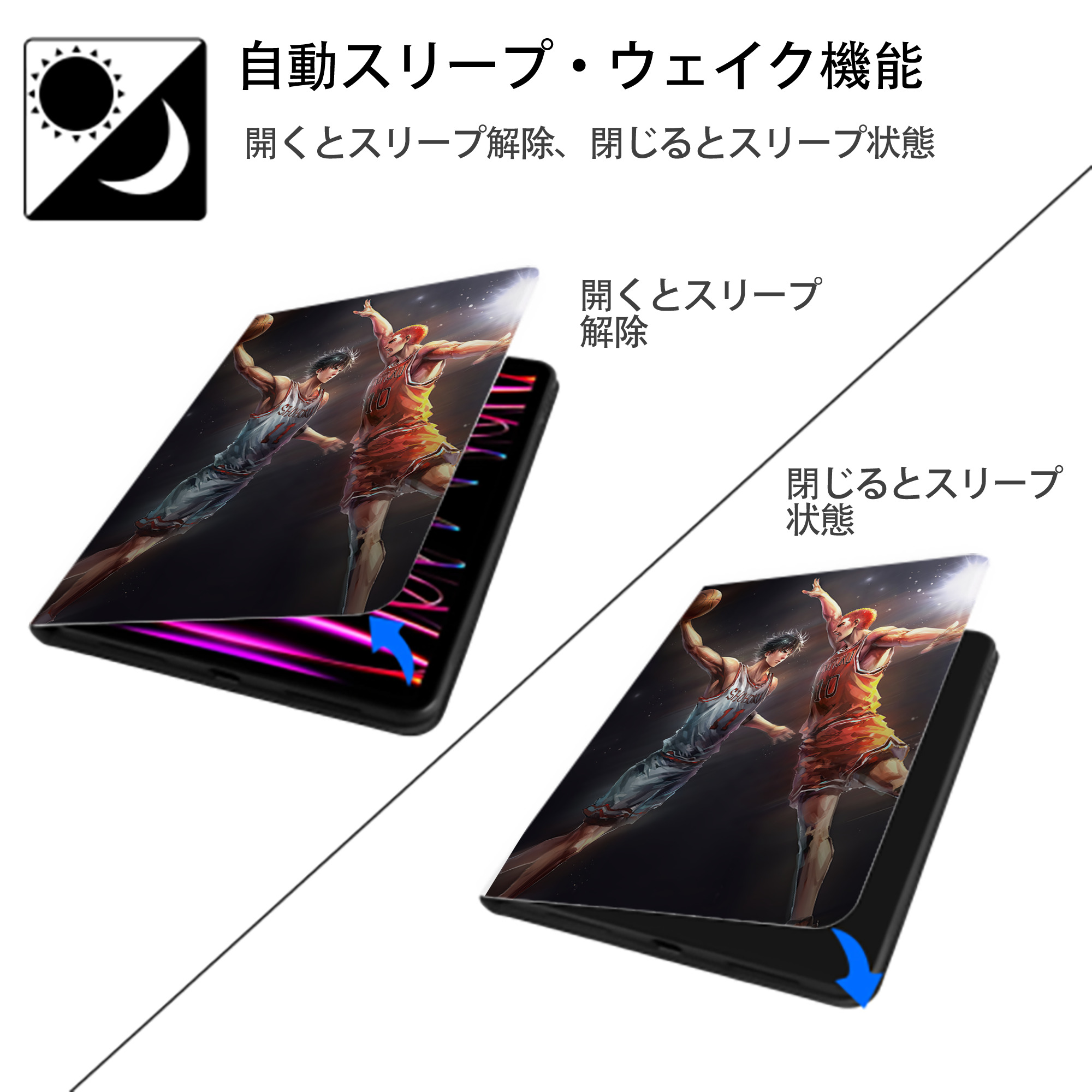 SLAM DUNK／スラムダンク IPad ケース ペン収納付き 三つ折りスタンド PUレザー×シリコン 対応機種9.5/10.5/10.9インチ
