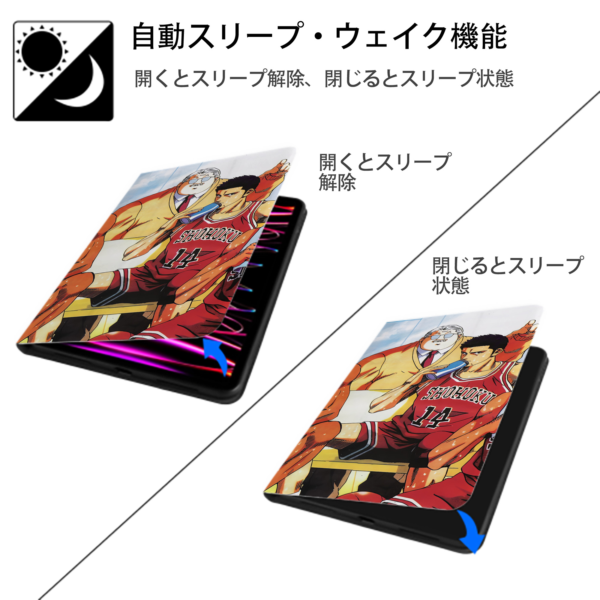 SLAM DUNK／スラムダンク IPad ケース ブック型 PUレザー TPU 耐衝撃 軽量 薄型 ペン収納なし 全面保護 IPad 各モデル対応