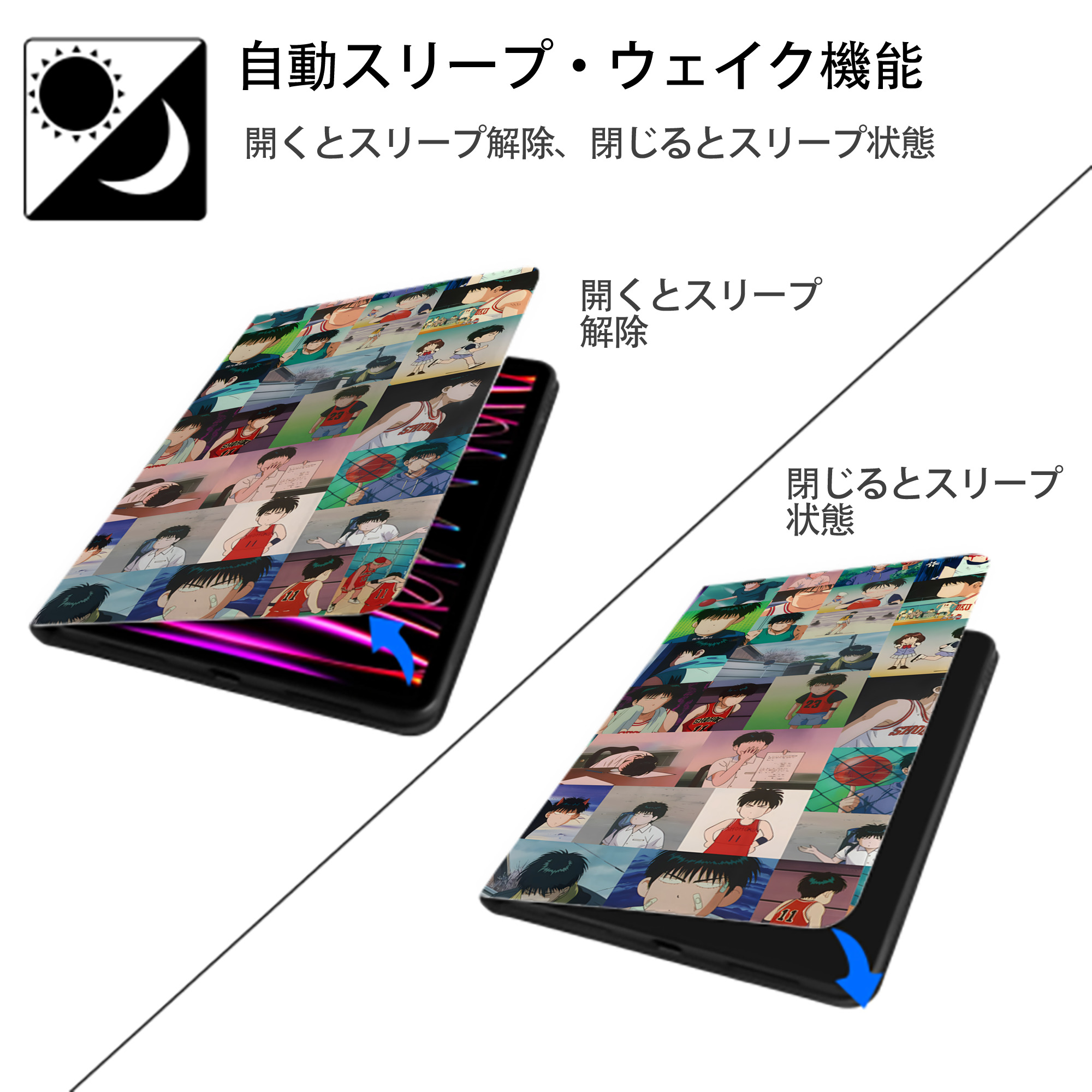 SLAM DUNK／スラムダンク IPad ケース ブック型 PUレザー TPU 耐衝撃 軽量 薄型 ペン収納なし 全面保護 IPad 各モデル対応