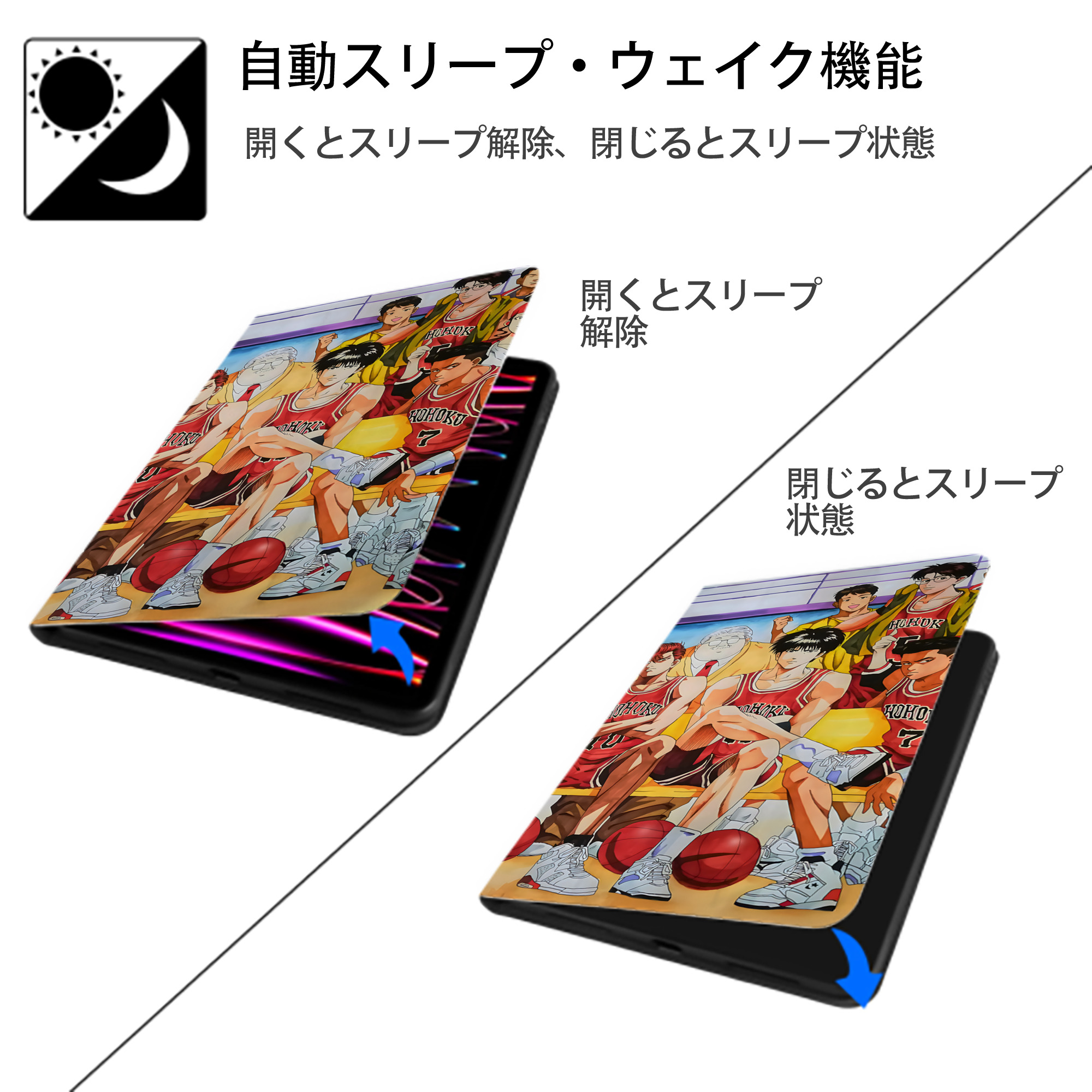 SLAM DUNK／スラムダンク IPad ケース ブック型 PUレザー TPU 耐衝撃 軽量 薄型 ペン収納なし 全面保護 IPad 各モデル対応
