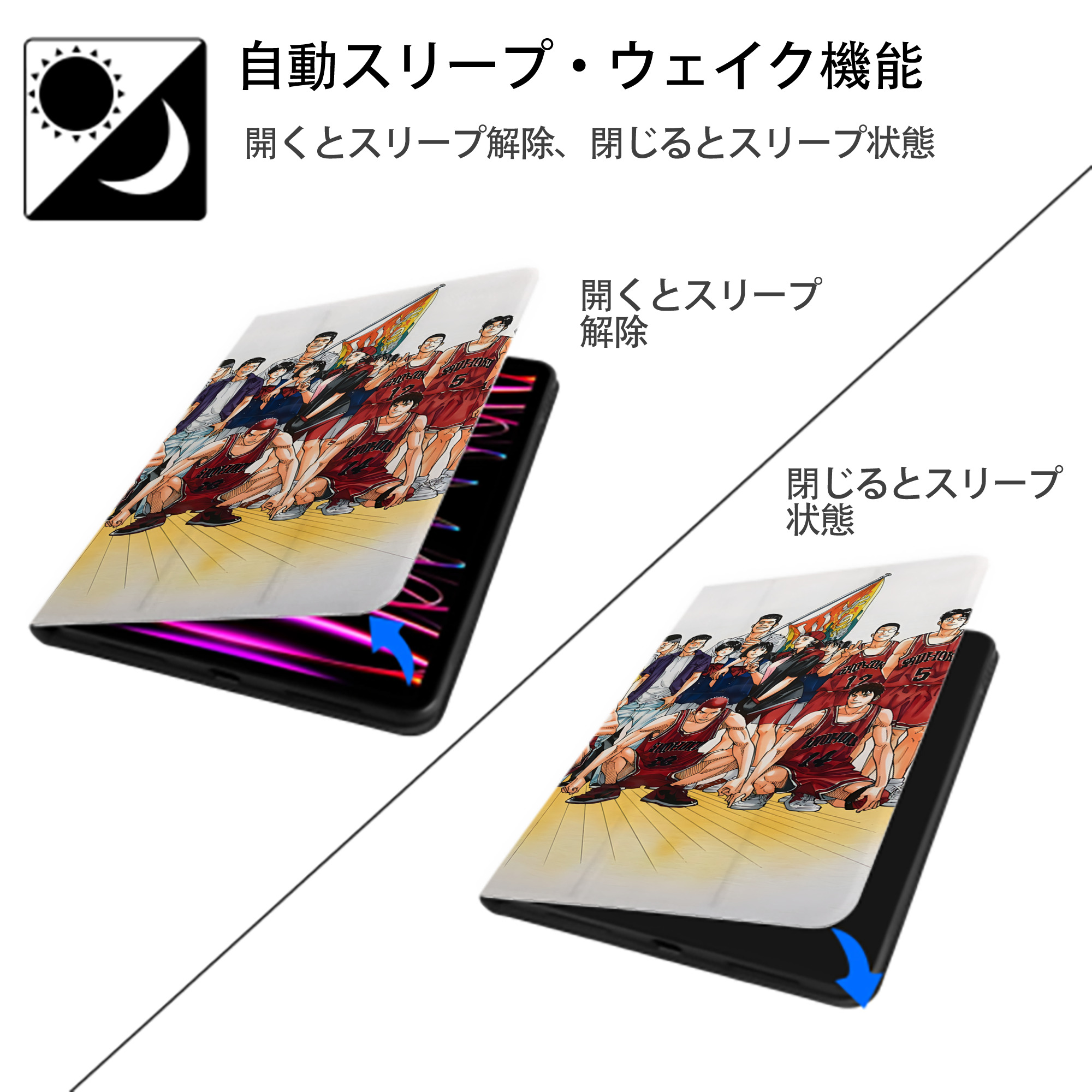 SLAM DUNK／スラムダンク IPad ケース ブック型 PUレザー TPU 耐衝撃 軽量 薄型 ペン収納なし 全面保護 IPad 各モデル対応