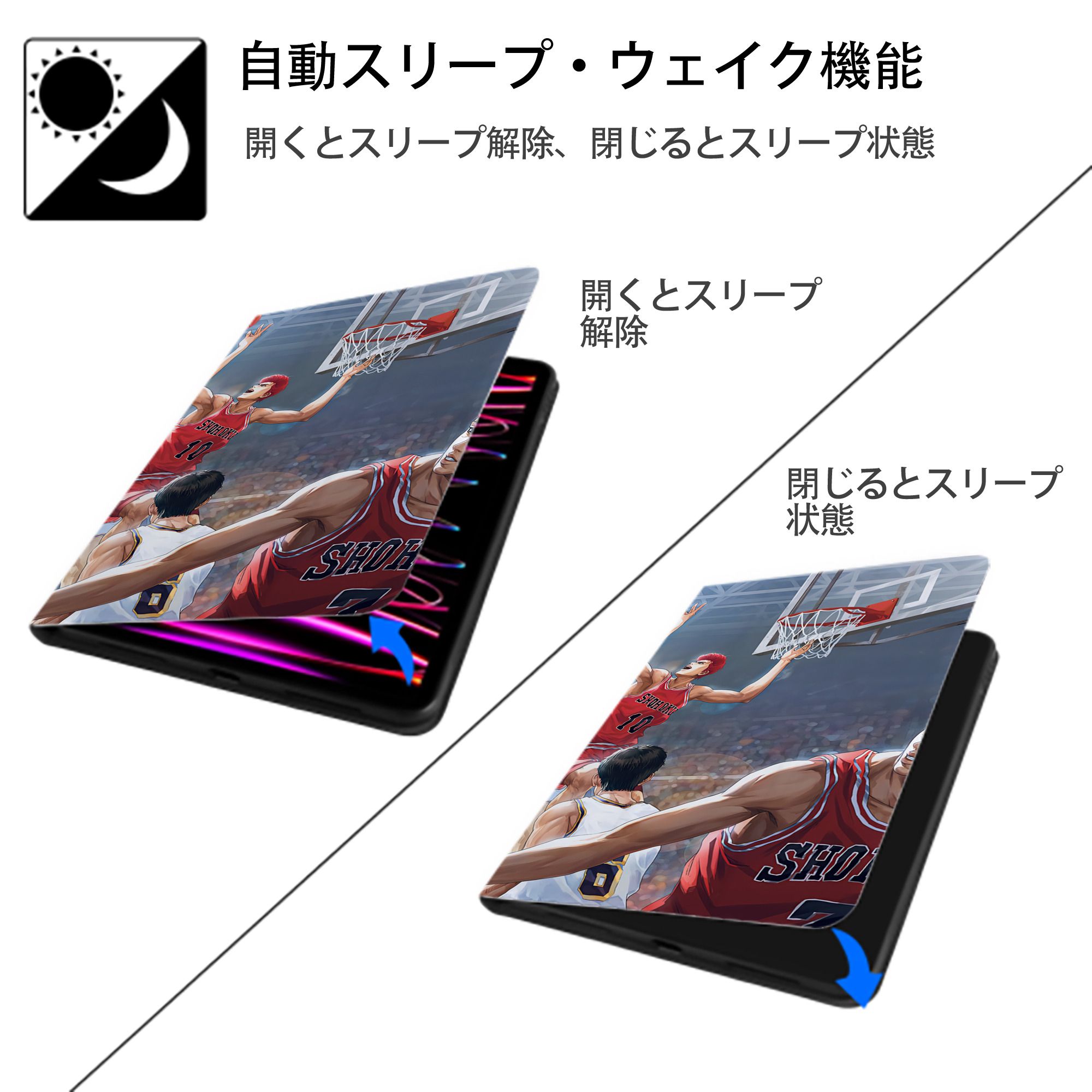 SLAM DUNK／スラムダンク IPad ケース ブック型 PUレザー TPU 耐衝撃 軽量 薄型 ペン収納なし 全面保護 IPad 各モデル対応