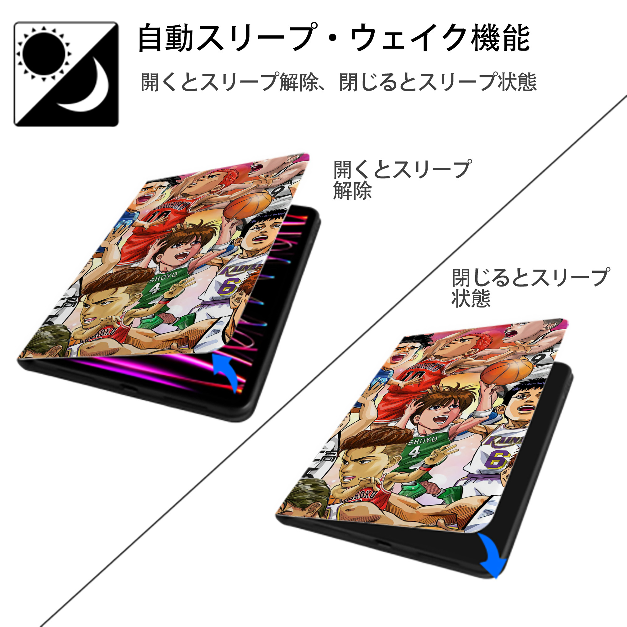 SLAM DUNK／スラムダンク IPad ケース ブック型 PUレザー TPU 耐衝撃 軽量 薄型 ペン収納なし 全面保護 IPad 各モデル対応