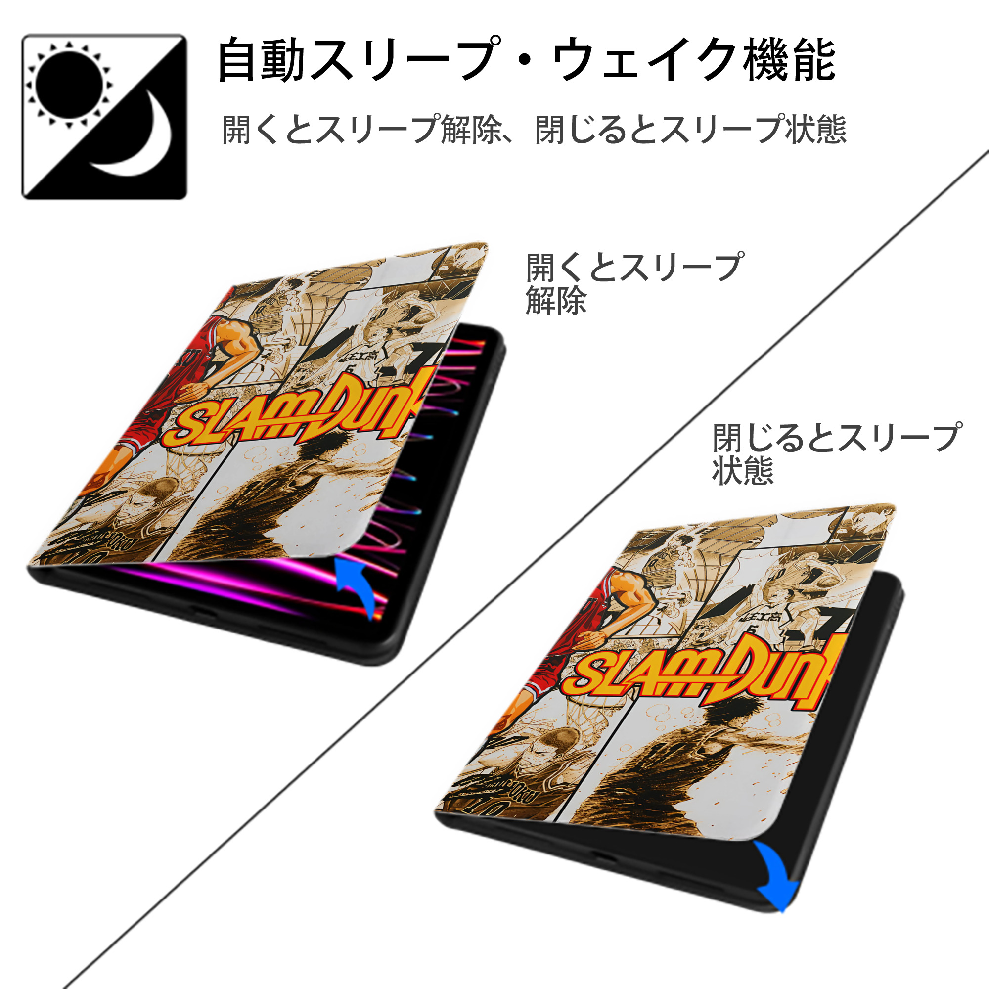 SLAM DUNK／スラムダンク IPad ケース ブック型 PUレザー TPU 耐衝撃 軽量 薄型 ペン収納なし 全面保護 IPad 各モデル対応