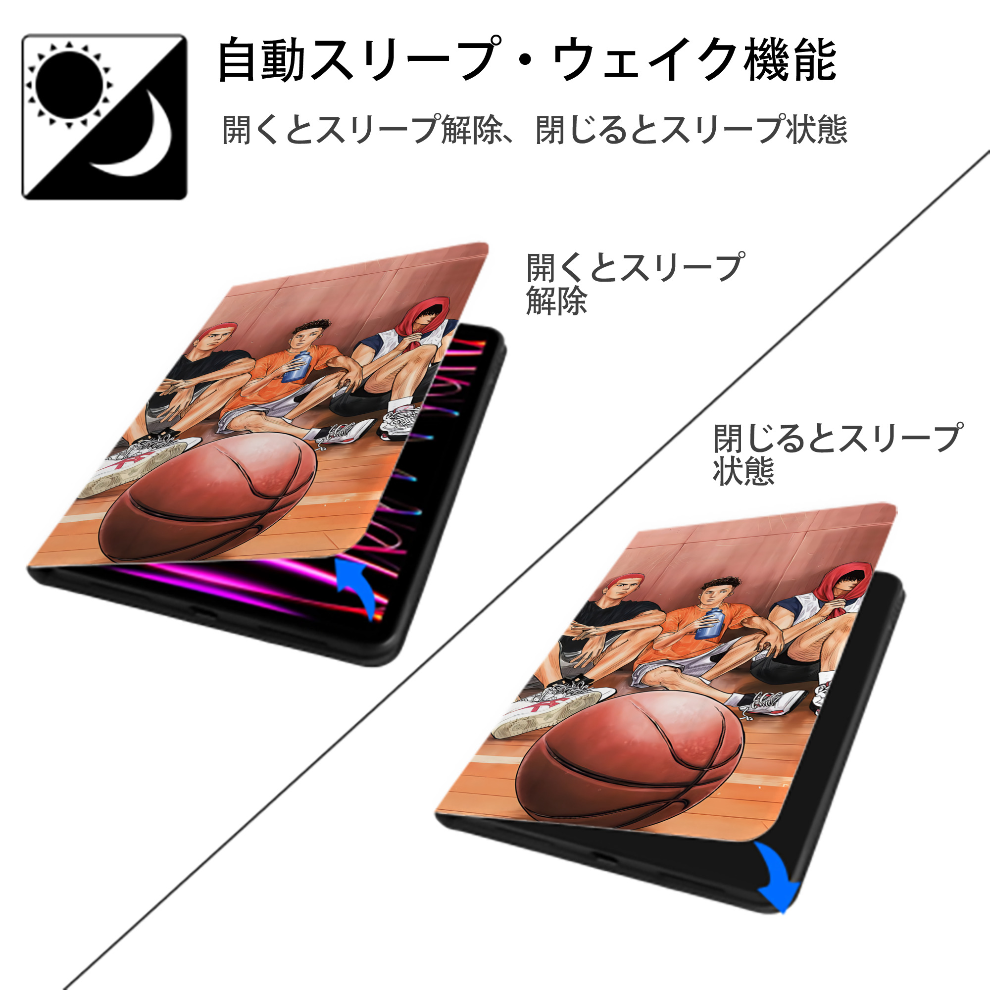 SLAM DUNK／スラムダンク IPad ケース ブック型 PUレザー TPU 耐衝撃 軽量 薄型 ペン収納なし 全面保護 IPad 各モデル対応