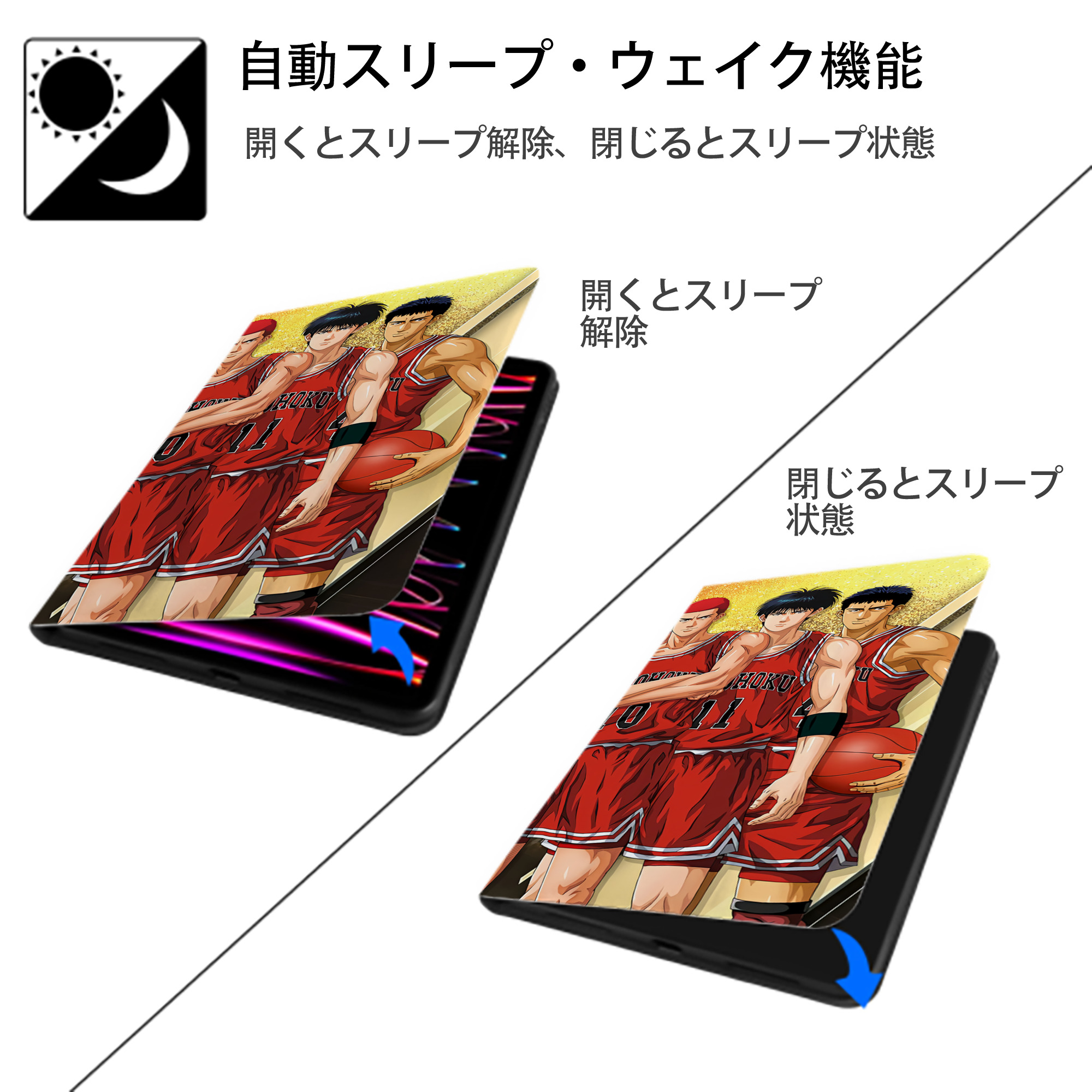 SLAM DUNK／スラムダンク IPad ケース ブック型 PUレザー TPU 耐衝撃 軽量 薄型 ペン収納なし 全面保護 IPad 各モデル対応