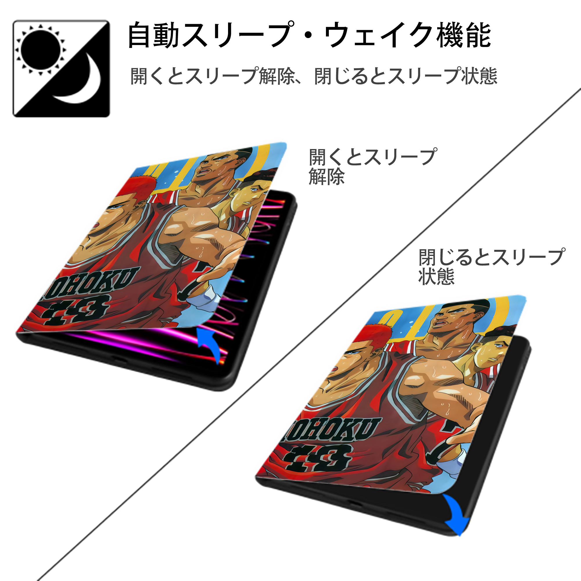 SLAM DUNK／スラムダンク IPad ケース ブック型 PUレザー TPU 耐衝撃 軽量 薄型 ペン収納なし 全面保護 IPad 各モデル対応