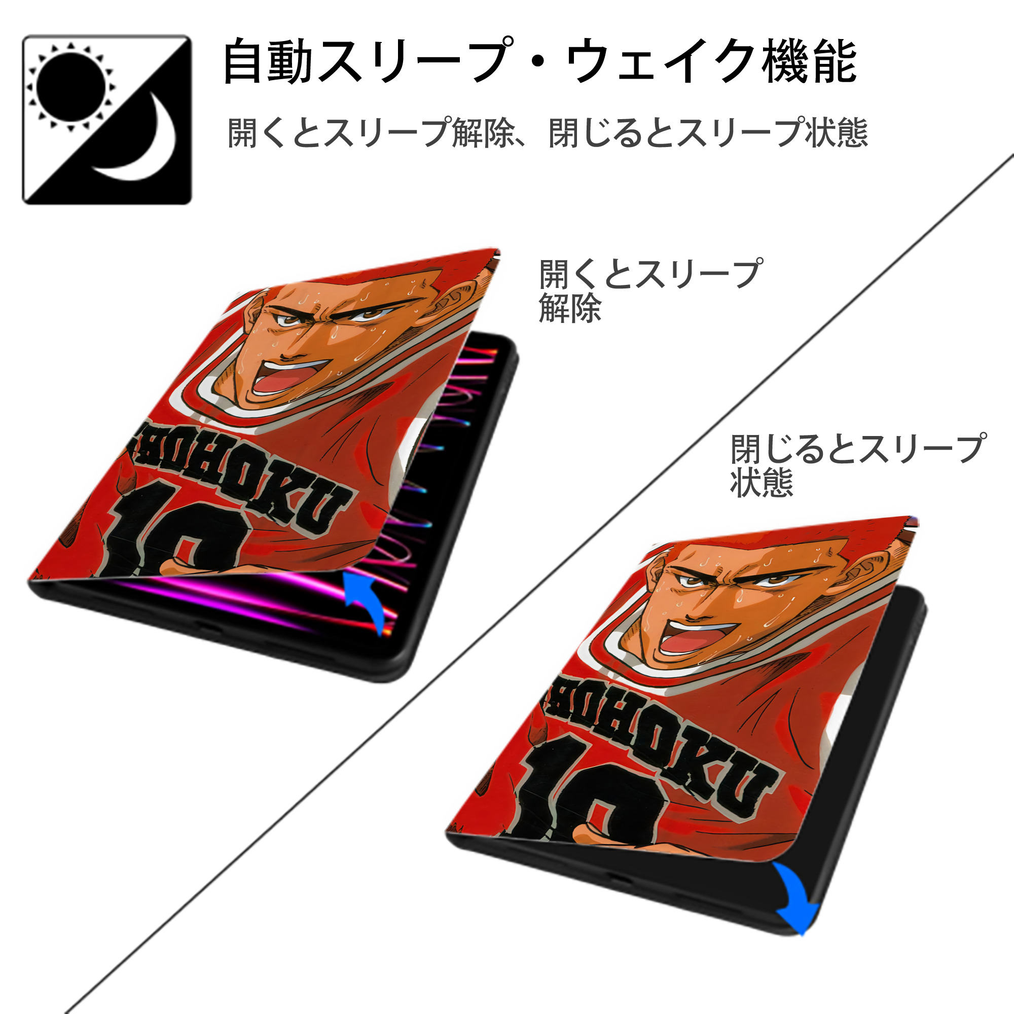SLAM DUNK／スラムダンク IPad ケース ブック型 PUレザー TPU 耐衝撃 軽量 薄型 ペン収納なし 全面保護 IPad 各モデル対応