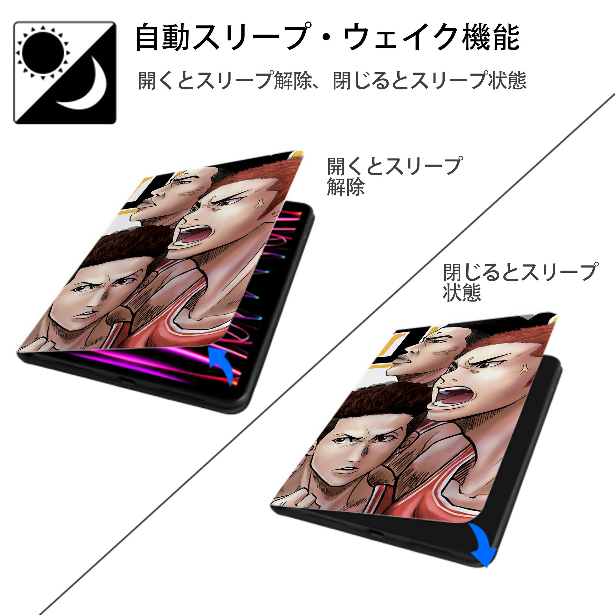 SLAM DUNK／スラムダンク IPad ケース ブック型 PUレザー TPU 耐衝撃 軽量 薄型 ペン収納なし 全面保護 IPad 各モデル対応