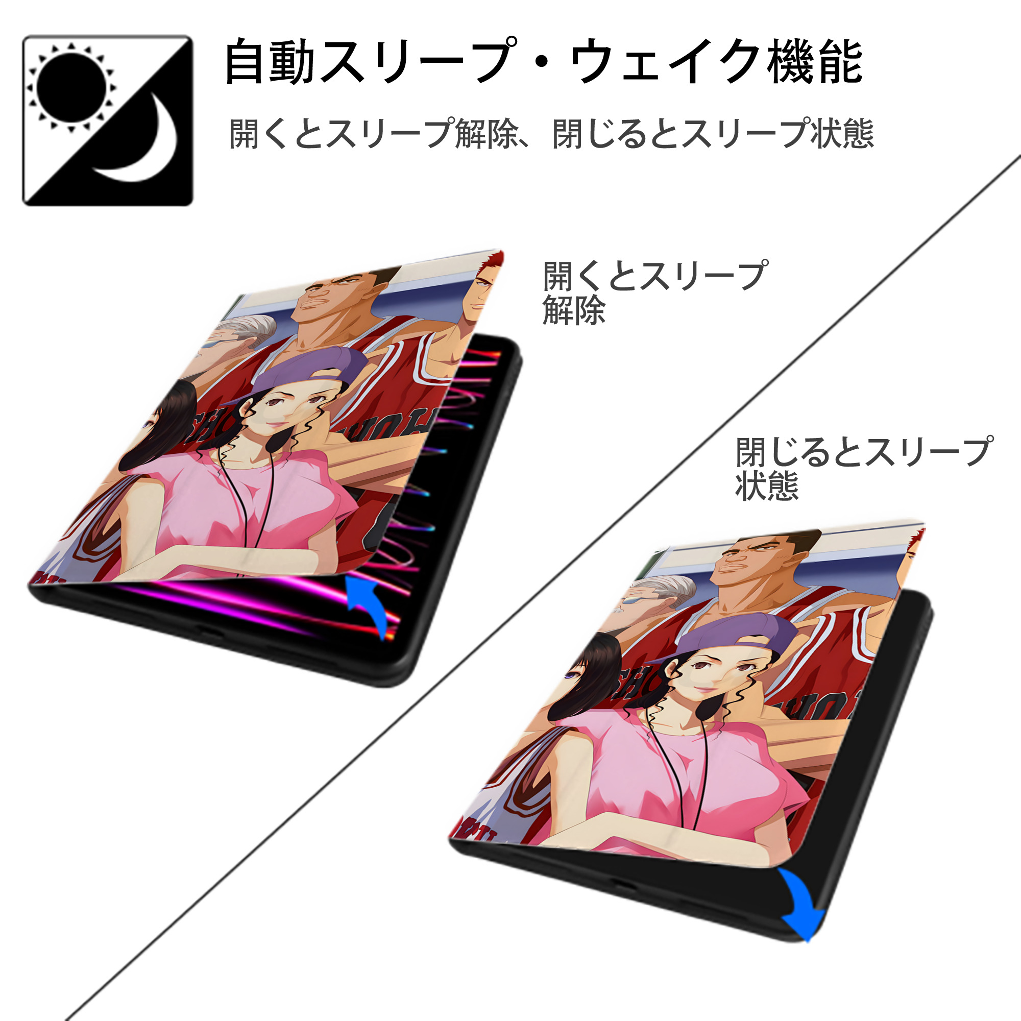 SLAM DUNK／スラムダンク IPad ケース ブック型 PUレザー TPU 耐衝撃 軽量 薄型 ペン収納なし 全面保護 IPad 各モデル対応