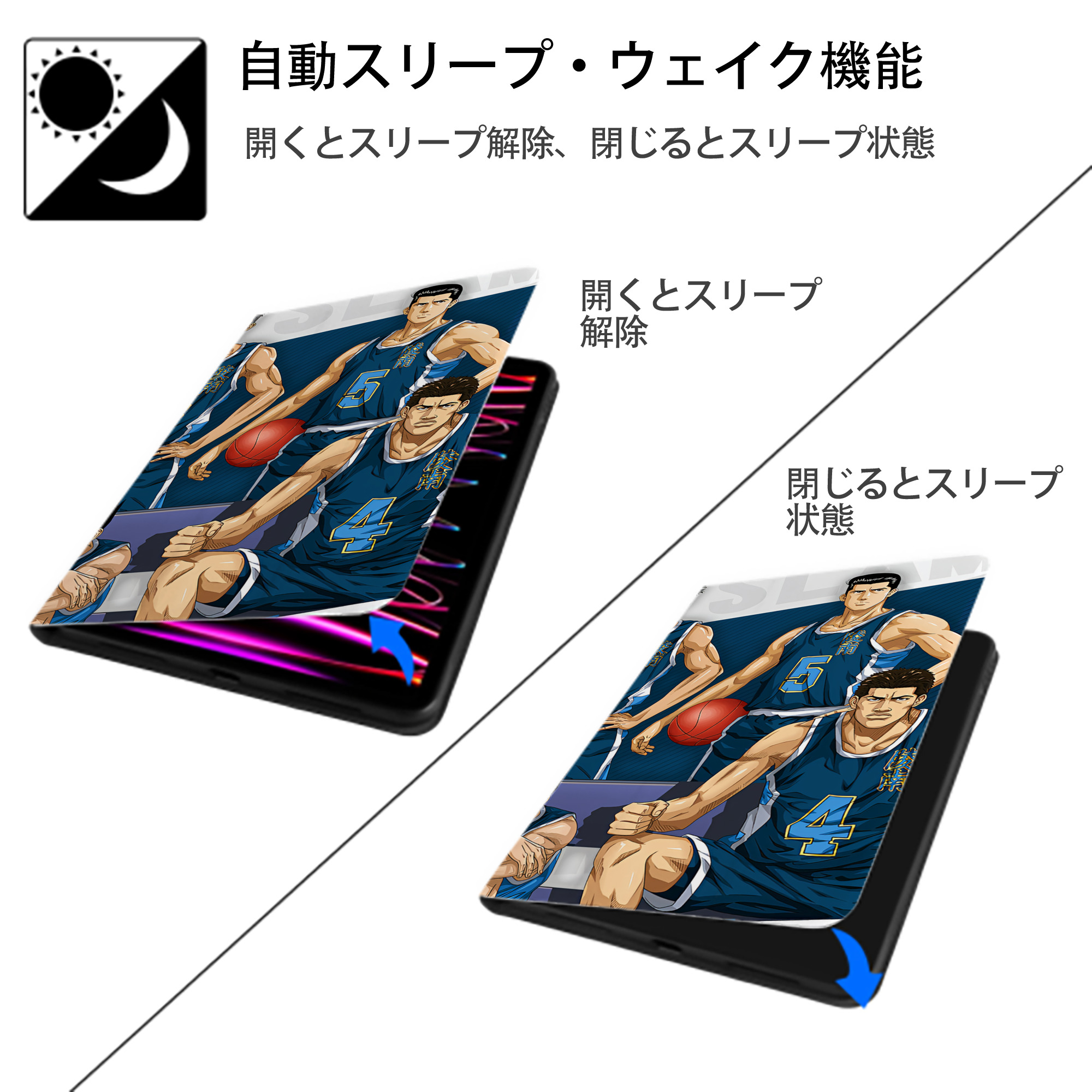 SLAM DUNK／スラムダンク IPad ケース ブック型 PUレザー TPU 耐衝撃 軽量 薄型 ペン収納なし 全面保護 IPad 各モデル対応