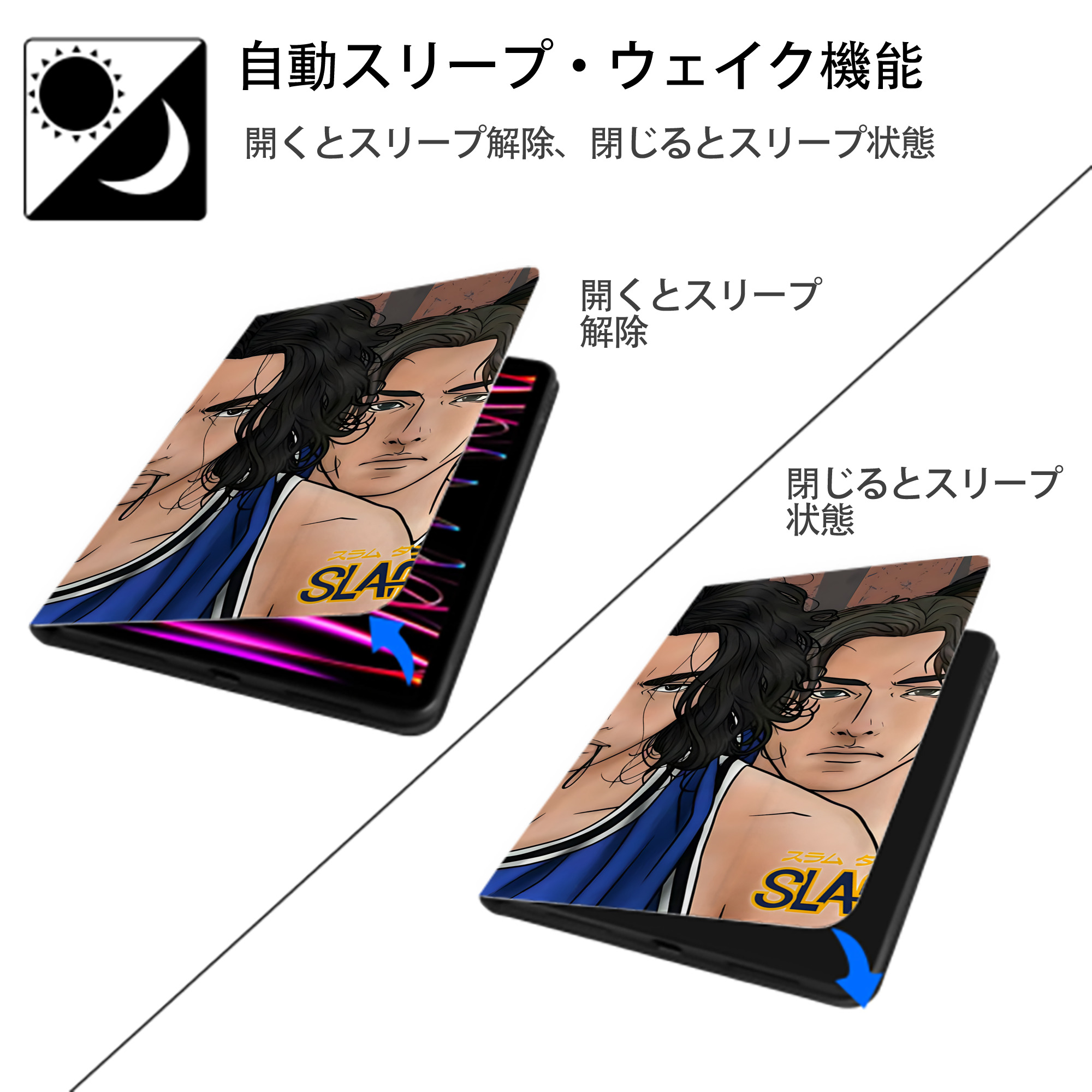 SLAM DUNK／スラムダンク IPad ケース ブック型 PUレザー TPU 耐衝撃 軽量 薄型 ペン収納なし 全面保護 IPad 各モデル対応