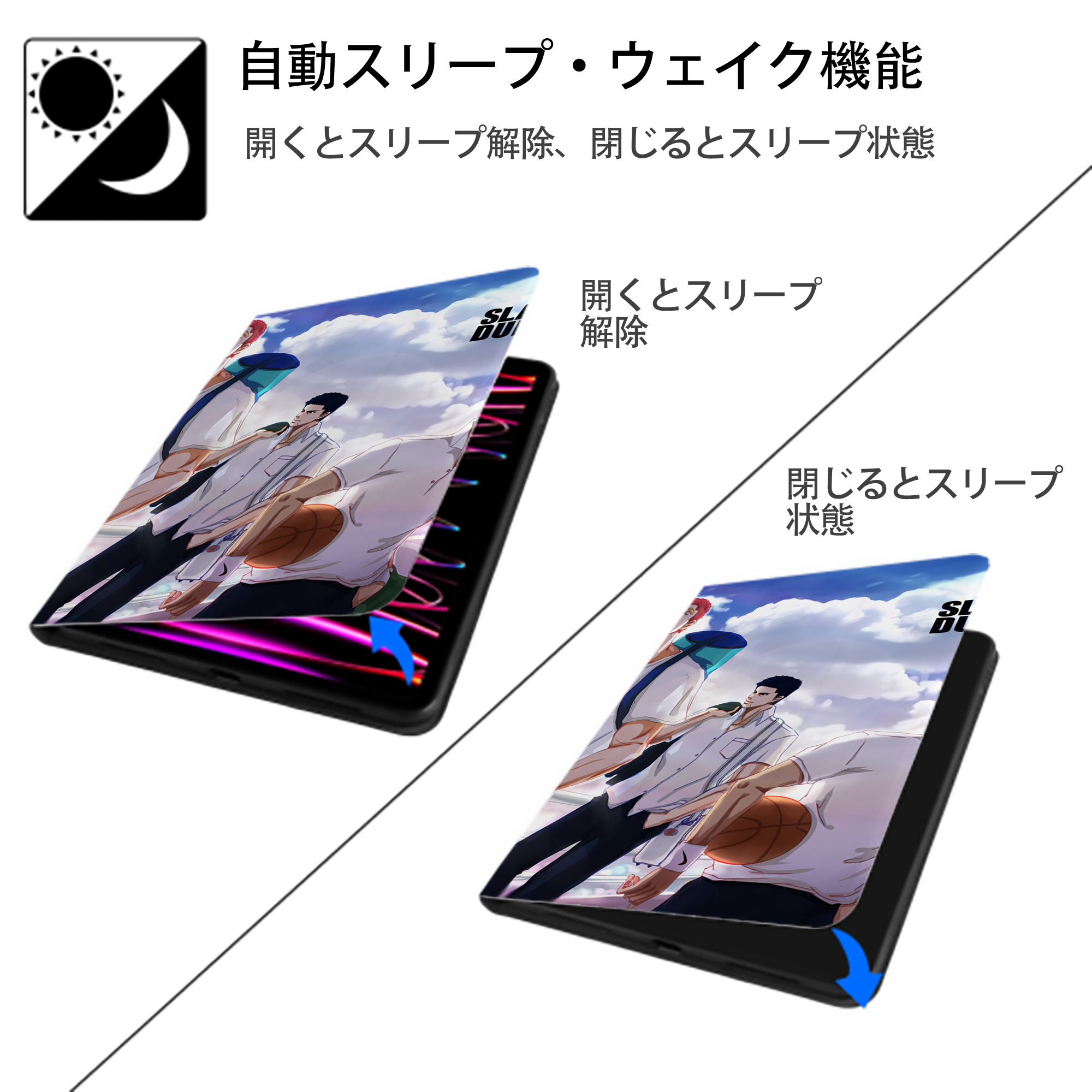 SLAM DUNK／スラムダンク IPad ケース ブック型 PUレザー TPU 耐衝撃 軽量 薄型 ペン収納なし 全面保護 IPad 各モデル対応