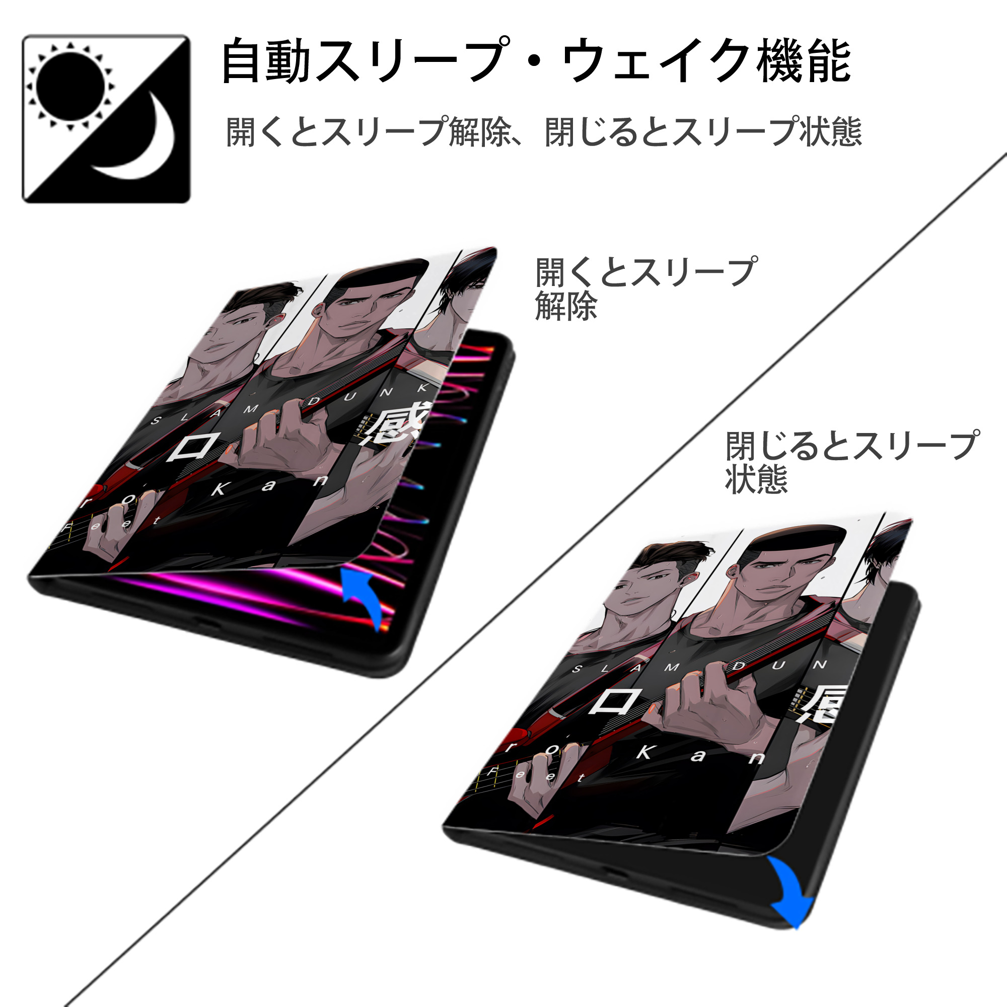 SLAM DUNK／スラムダンク IPad ケース ブック型 PUレザー TPU 耐衝撃 軽量 薄型 ペン収納なし 全面保護 IPad 各モデル対応