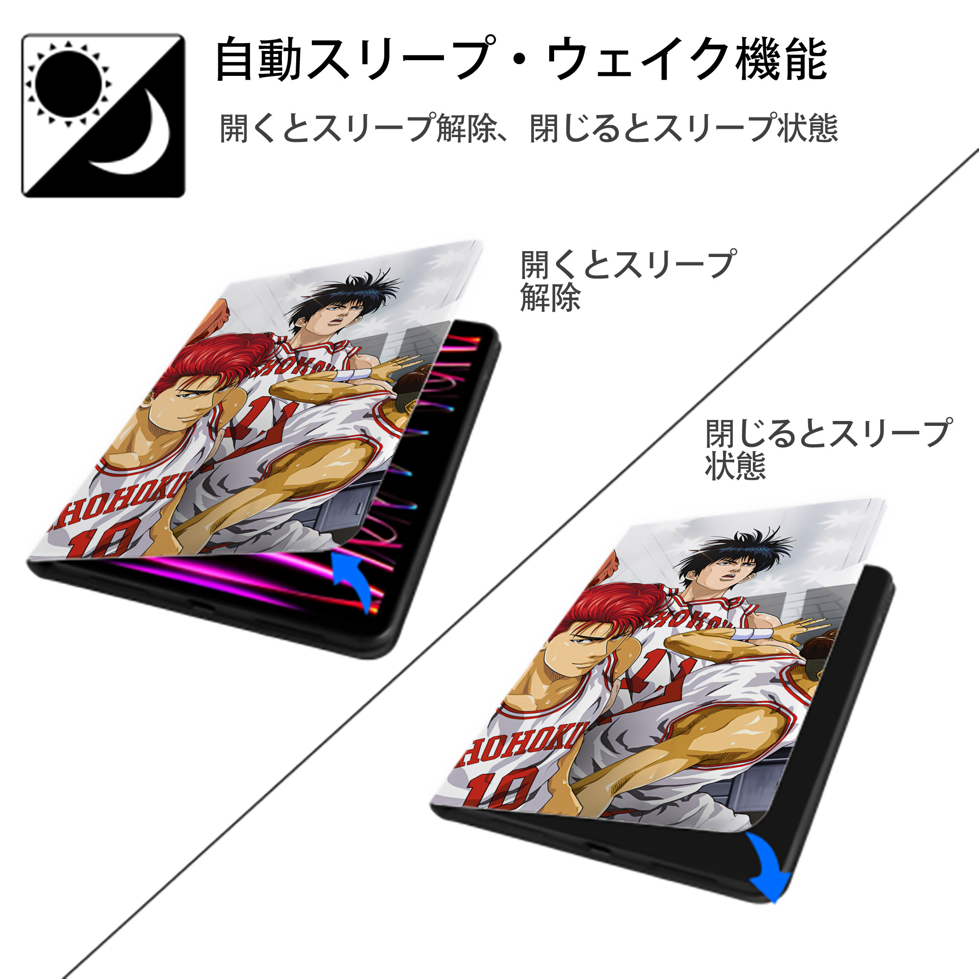 SLAM DUNK／スラムダンク IPad ケース ブック型 PUレザー TPU 耐衝撃 軽量 薄型 ペン収納なし 全面保護 IPad 各モデル対応