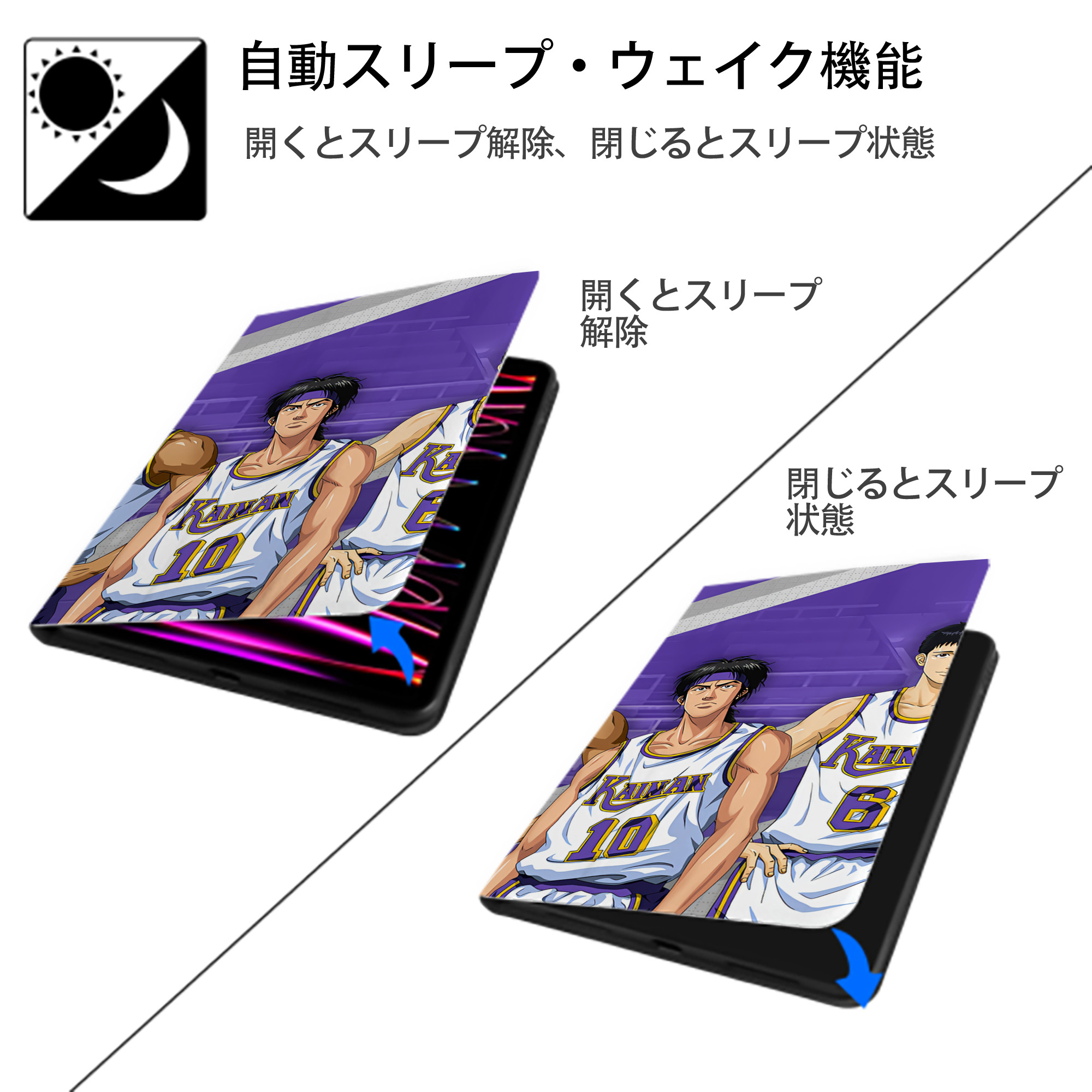 SLAM DUNK／スラムダンク IPad ケース ブック型 PUレザー TPU 耐衝撃 軽量 薄型 ペン収納なし 全面保護 IPad 各モデル対応