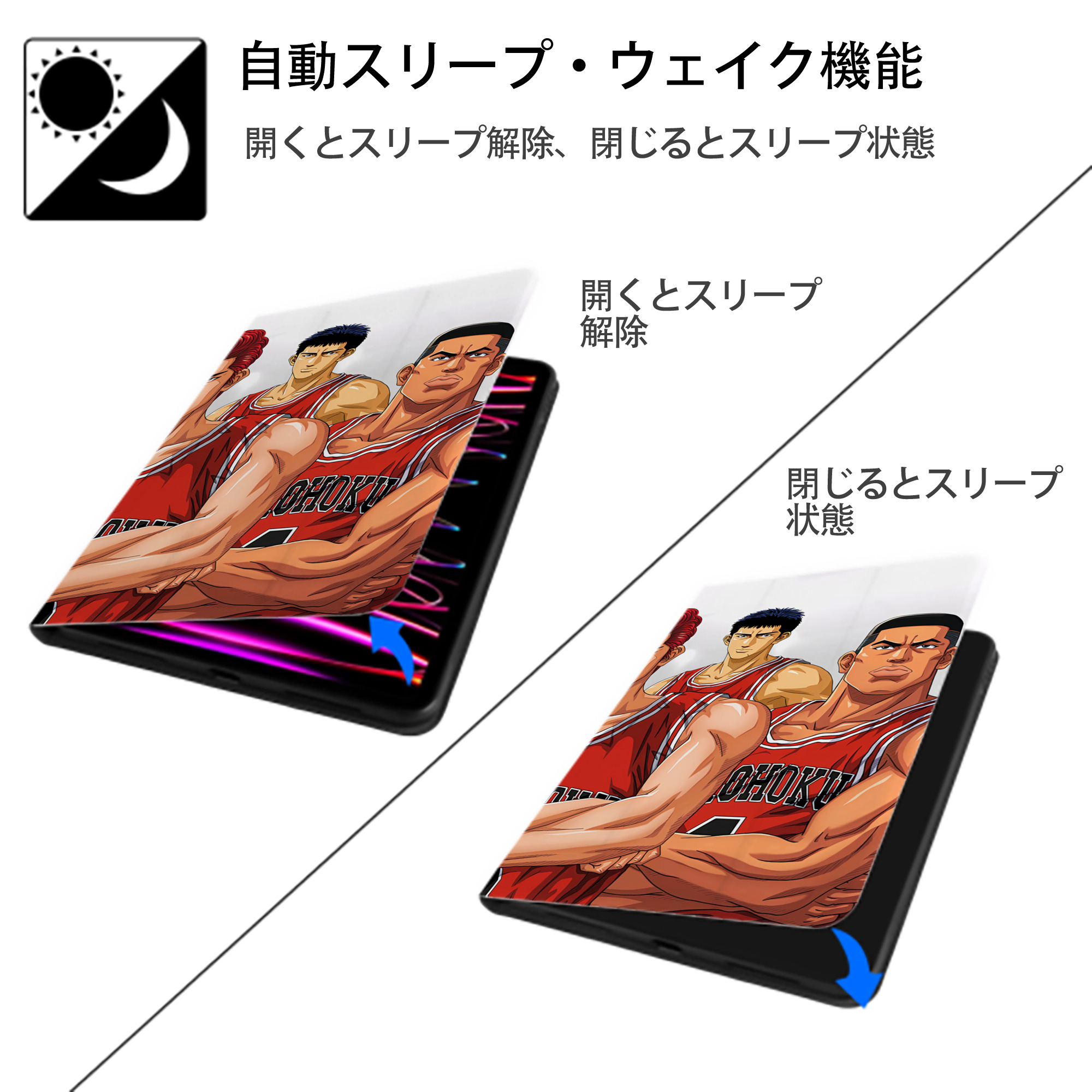 SLAM DUNK／スラムダンク IPad ケース ブック型 PUレザー TPU 耐衝撃 軽量 薄型 ペン収納なし 全面保護 IPad 各モデル対応