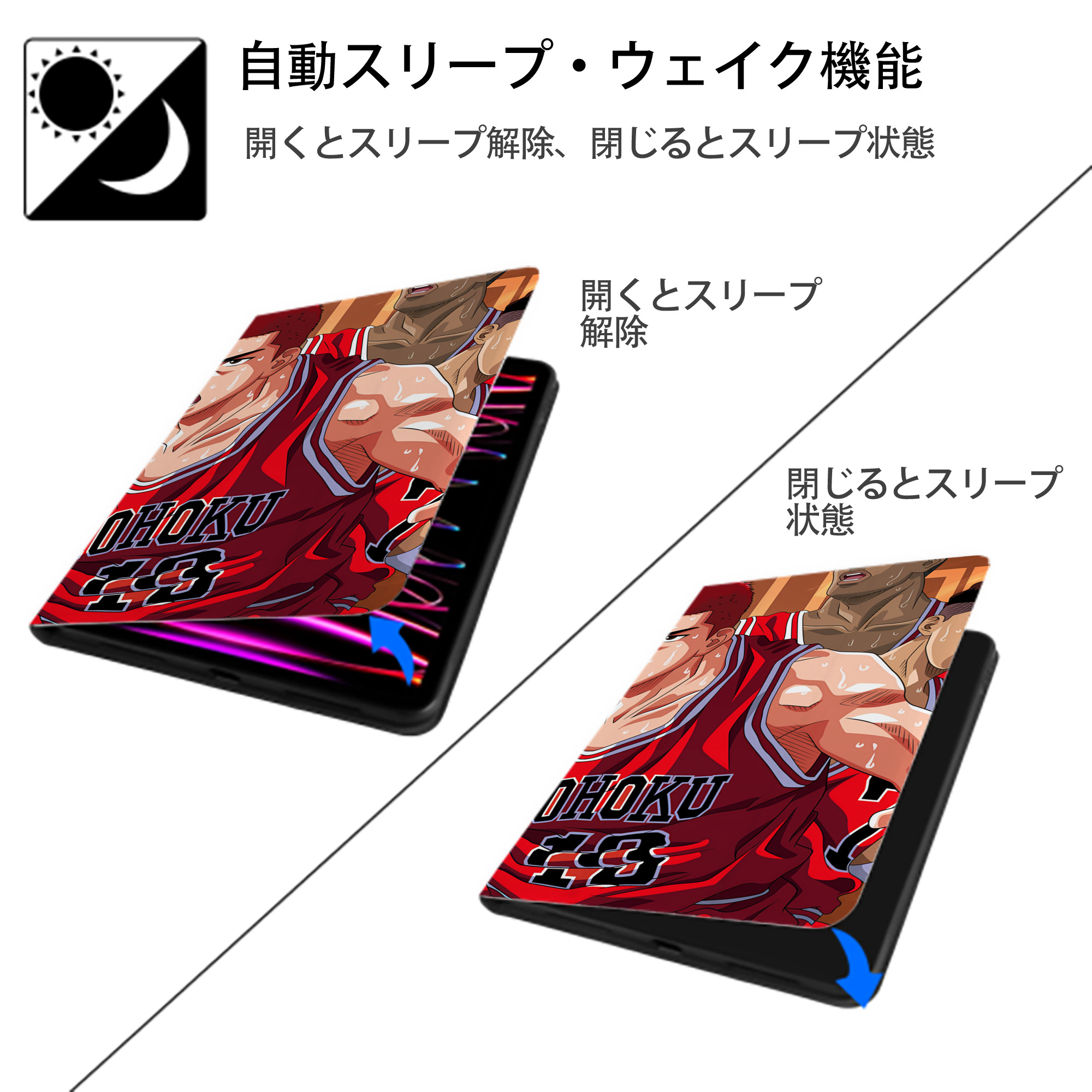 SLAM DUNK／スラムダンク IPad ケース ブック型 PUレザー TPU 耐衝撃 軽量 薄型 ペン収納なし 全面保護 IPad 各モデル対応