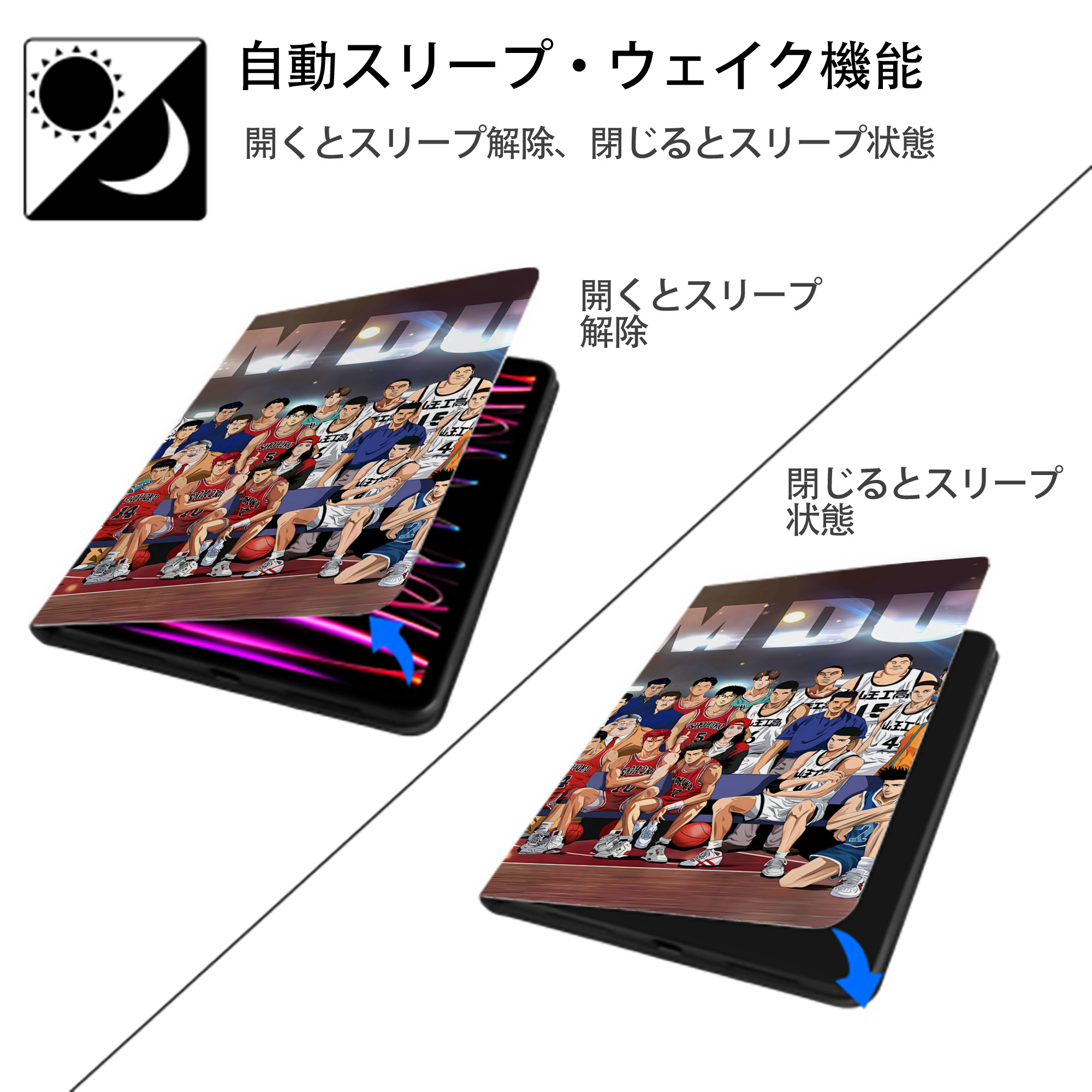 SLAM DUNK／スラムダンク IPad ケース ブック型 PUレザー TPU 耐衝撃 軽量 薄型 ペン収納なし 全面保護 IPad 各モデル対応