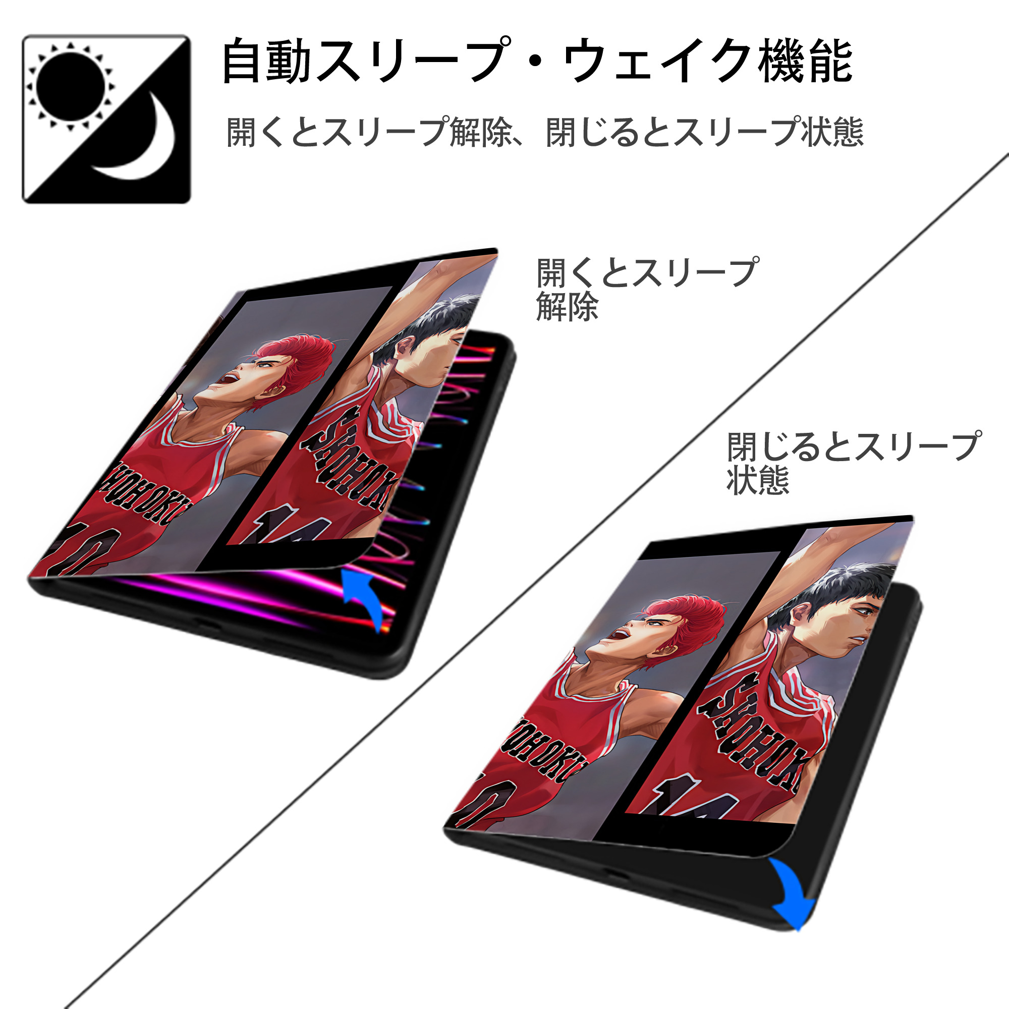 SLAM DUNK／スラムダンク IPad ケース ブック型 PUレザー TPU 耐衝撃 軽量 薄型 ペン収納なし 全面保護 IPad 各モデル対応
