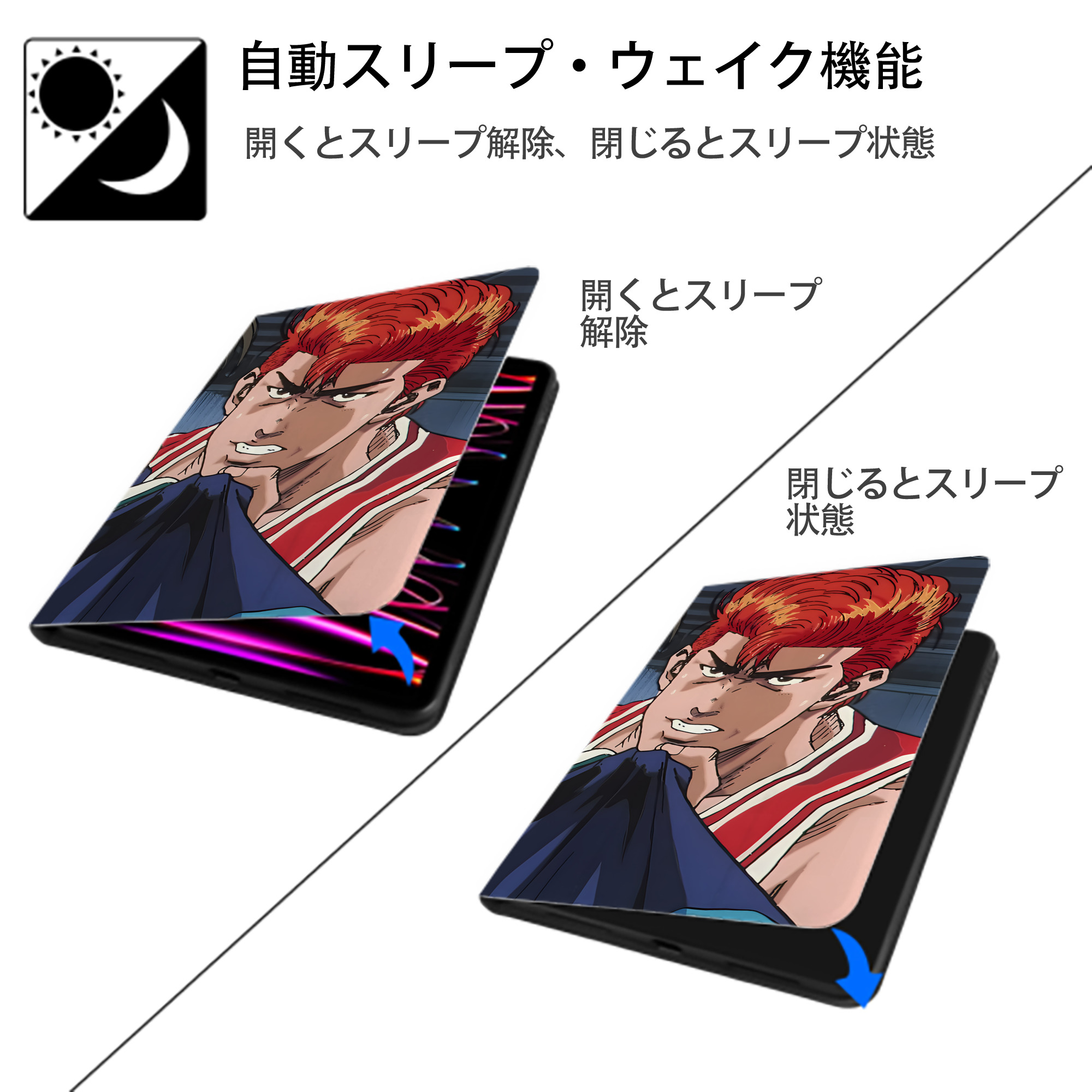 SLAM DUNK／スラムダンク IPad ケース ブック型 PUレザー TPU 耐衝撃 軽量 薄型 ペン収納なし 全面保護 IPad 各モデル対応