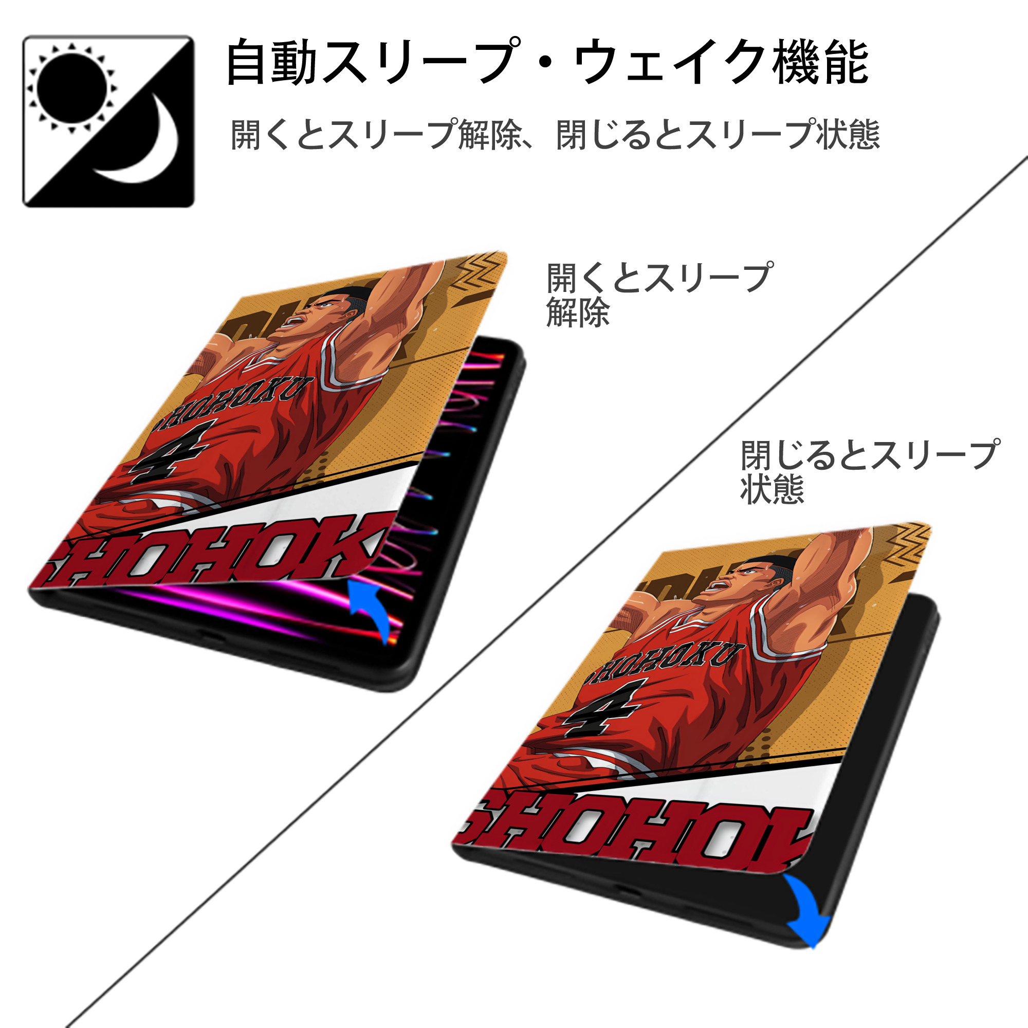 SLAM DUNK／スラムダンク IPad ケース ブック型 PUレザー TPU 耐衝撃 軽量 薄型 ペン収納なし 全面保護 IPad 各モデル対応