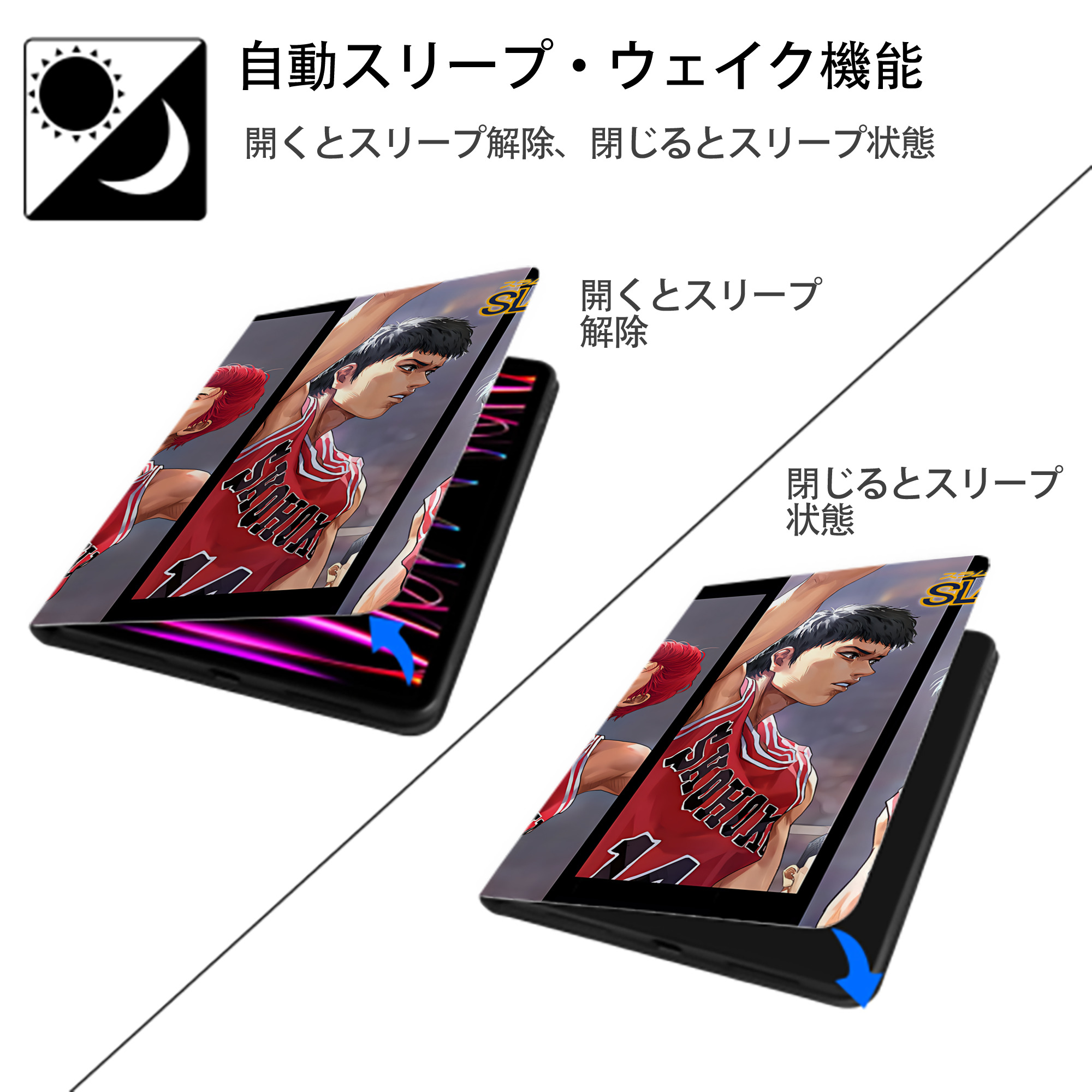 SLAM DUNK／スラムダンク IPad ケース ブック型 PUレザー TPU 耐衝撃 軽量 薄型 ペン収納なし 全面保護 IPad 各モデル対応