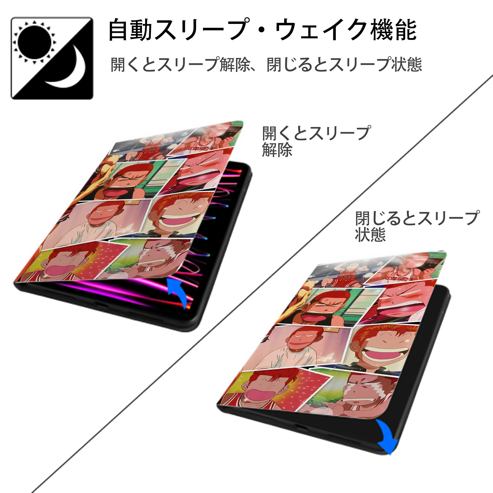 SLAM DUNK／スラムダンク IPad ケース ブック型 PUレザー TPU 耐衝撃 軽量 薄型 ペン収納なし 全面保護 IPad 各モデル対応