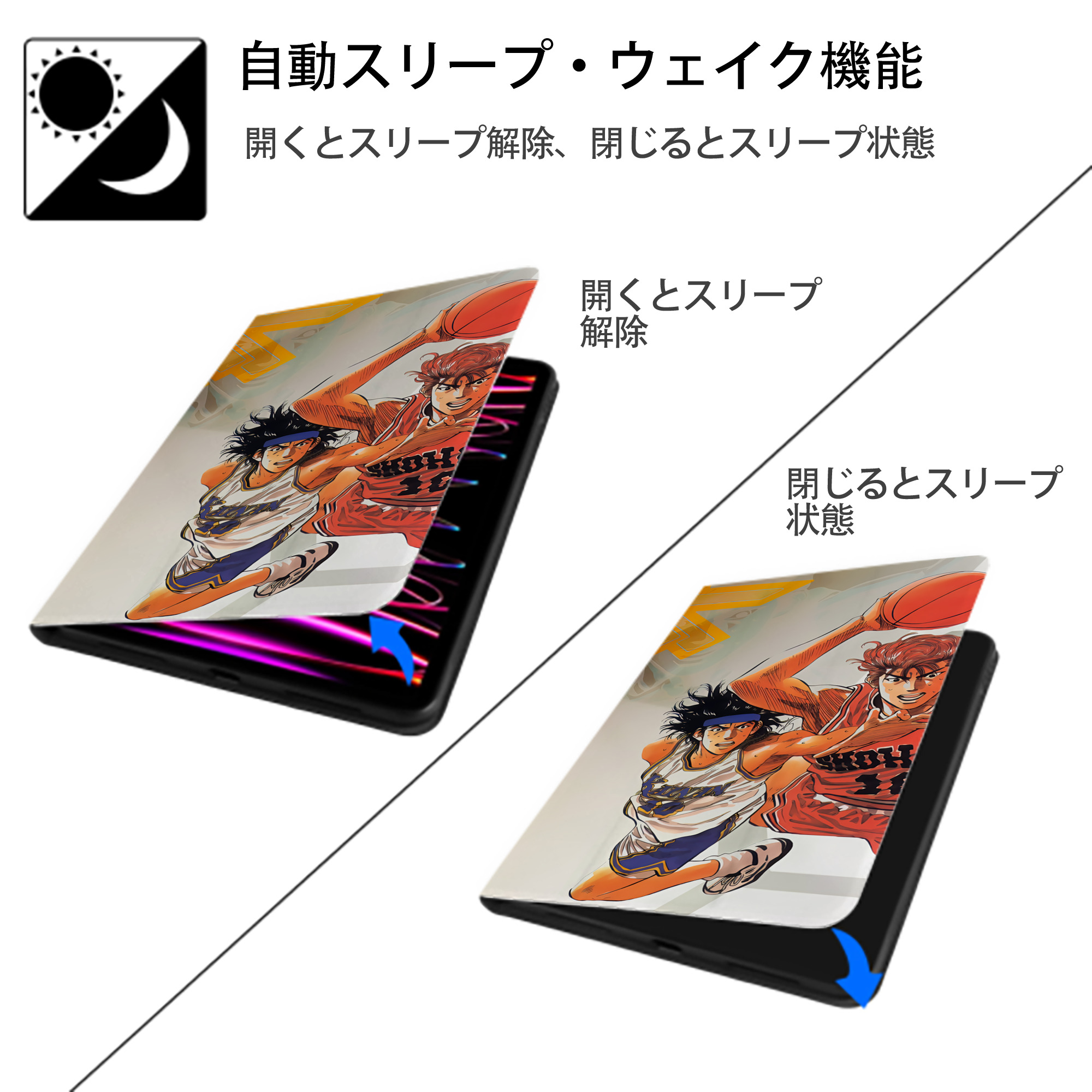 SLAM DUNK／スラムダンク IPad ケース ブック型 PUレザー TPU 耐衝撃 軽量 薄型 ペン収納なし 全面保護 IPad 各モデル対応