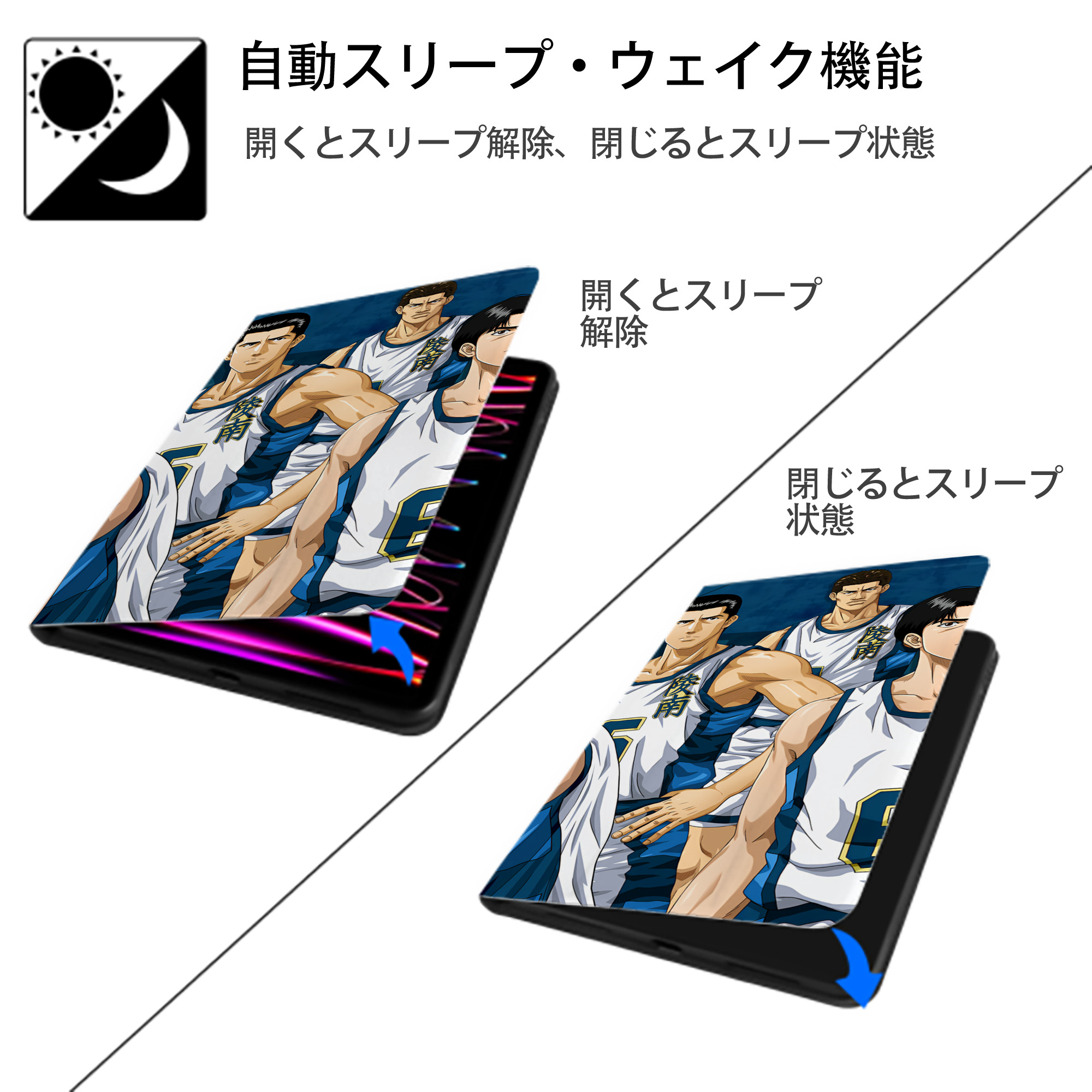 SLAM DUNK／スラムダンク IPad ケース ブック型 PUレザー TPU 耐衝撃 軽量 薄型 ペン収納なし 全面保護 IPad 各モデル対応