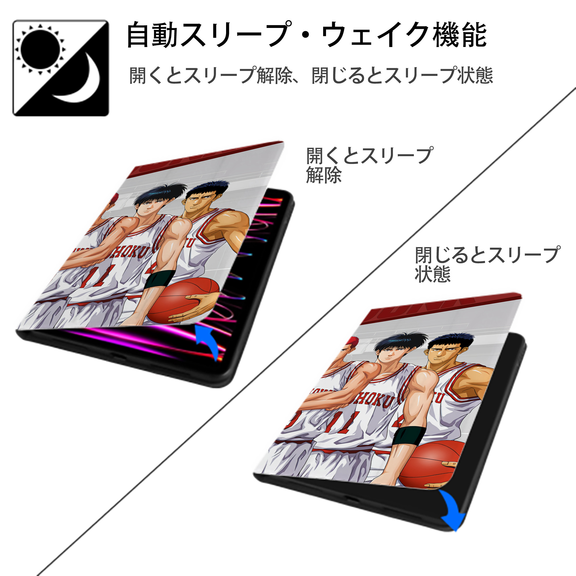 SLAM DUNK／スラムダンク IPad ケース ブック型 PUレザー TPU 耐衝撃 軽量 薄型 ペン収納なし 全面保護 IPad 各モデル対応