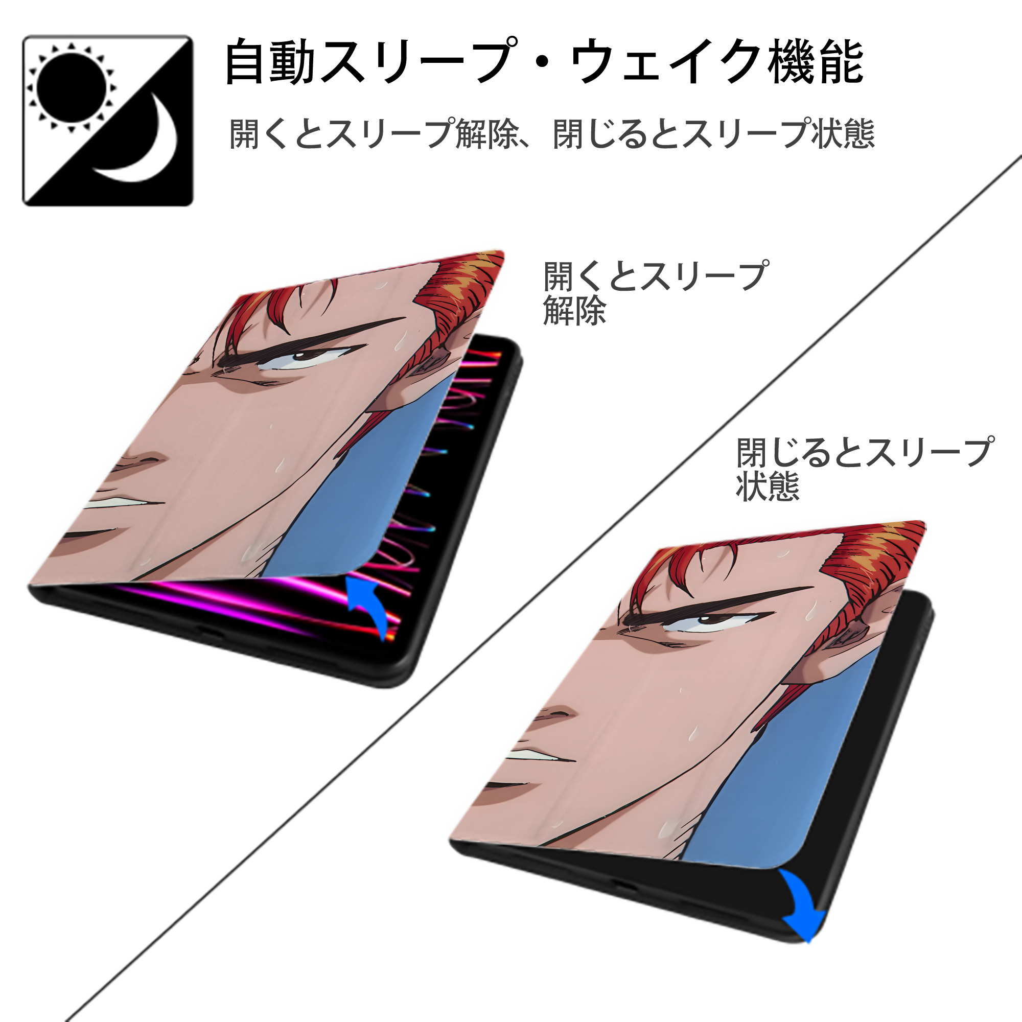 SLAM DUNK／スラムダンク IPad ケース ブック型 PUレザー TPU 耐衝撃 軽量 薄型 ペン収納なし 全面保護 IPad 各モデル対応