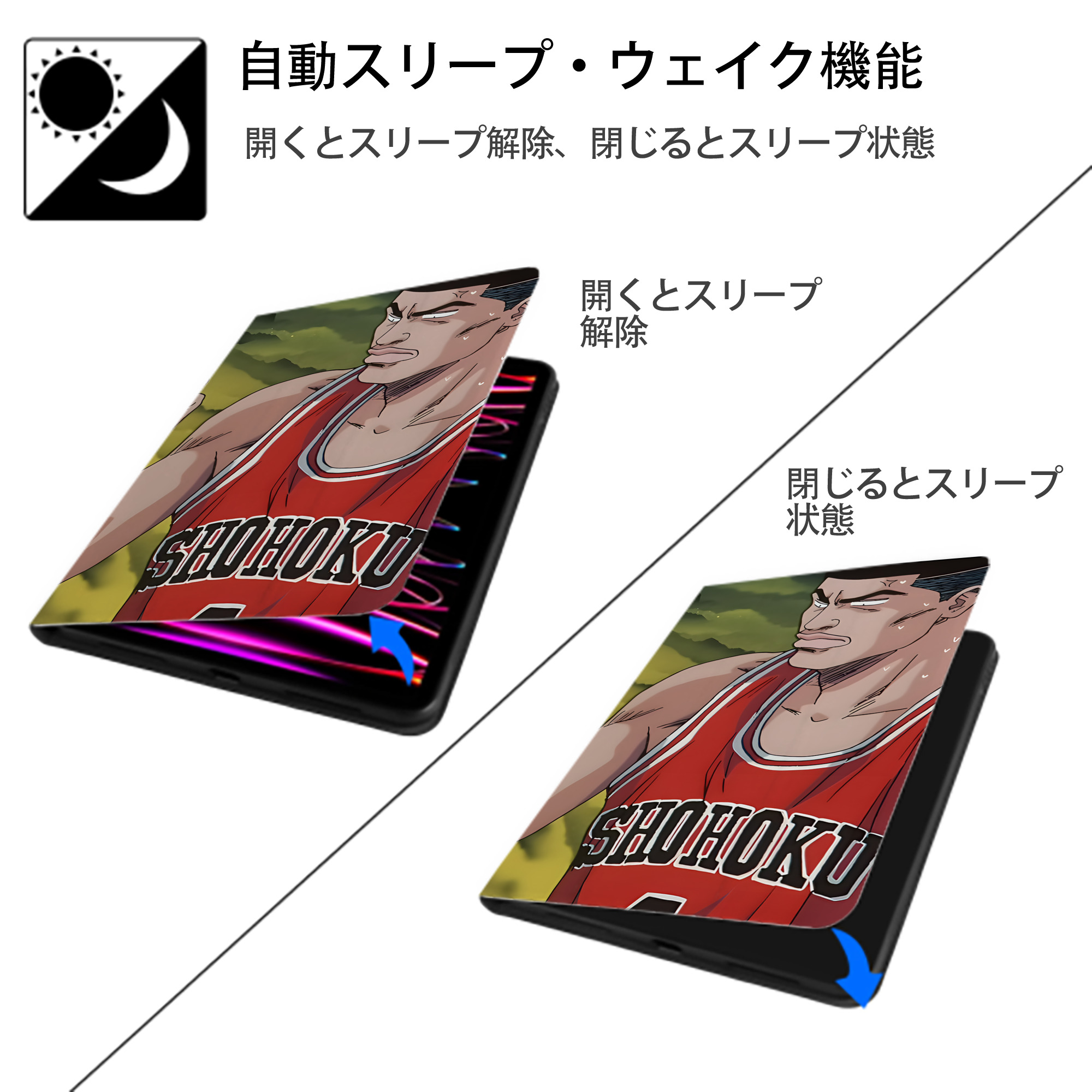 SLAM DUNK／スラムダンク IPad ケース ブック型 PUレザー TPU 耐衝撃 軽量 薄型 ペン収納なし 全面保護 IPad 各モデル対応