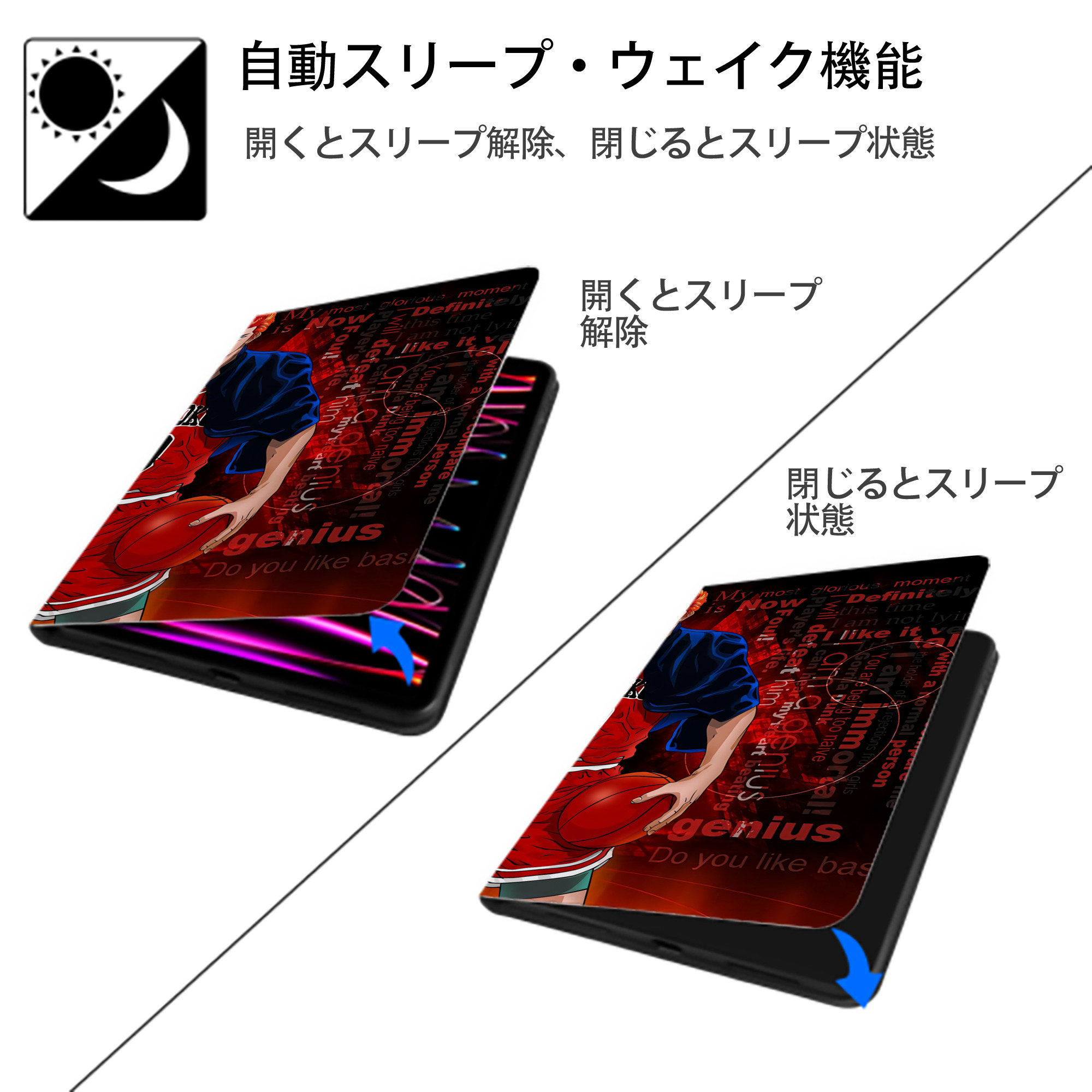 SLAM DUNK／スラムダンク IPad ケース ブック型 PUレザー TPU 耐衝撃 軽量 薄型 ペン収納なし 全面保護 IPad 各モデル対応