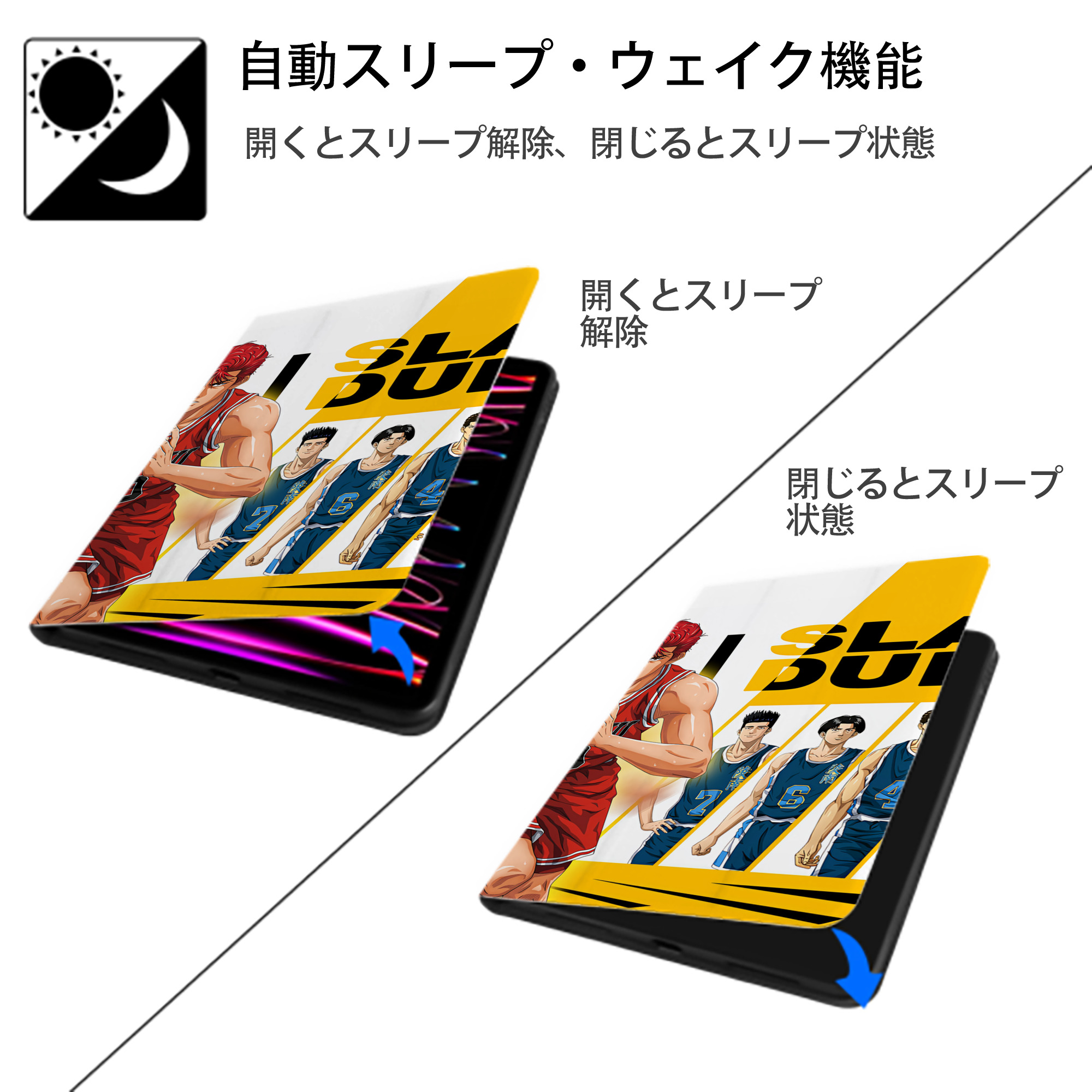 SLAM DUNK／スラムダンク IPad ケース ブック型 PUレザー TPU 耐衝撃 軽量 薄型 ペン収納なし 全面保護 IPad 各モデル対応