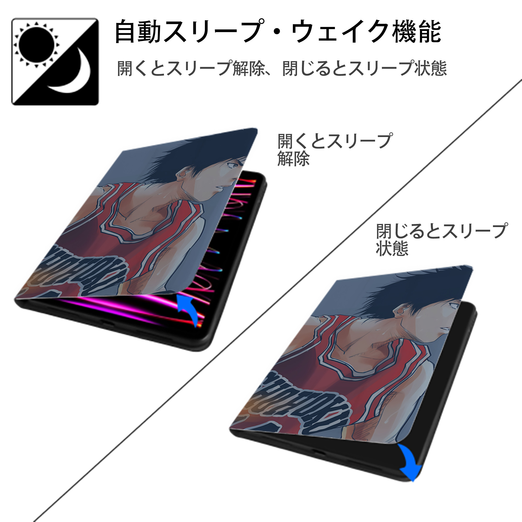 SLAM DUNK／スラムダンク IPad ケース ブック型 PUレザー TPU 耐衝撃 軽量 薄型 ペン収納なし 全面保護 IPad 各モデル対応