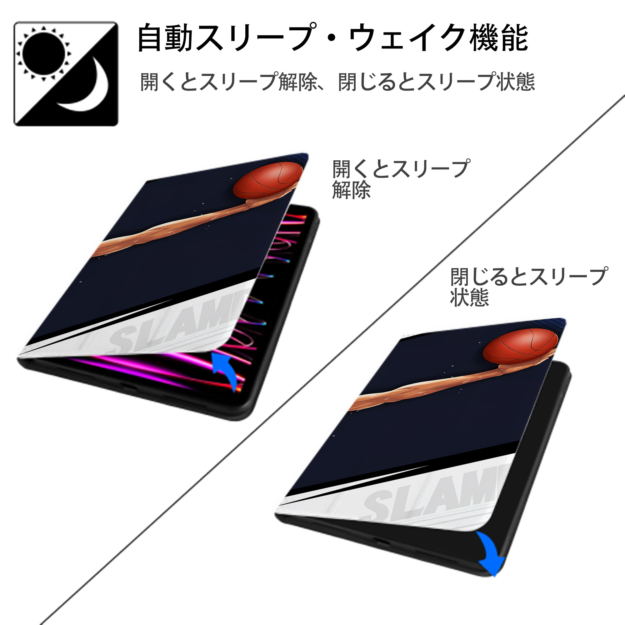 SLAM DUNK／スラムダンク IPad ケース ブック型 PUレザー TPU 耐衝撃 軽量 薄型 ペン収納なし 全面保護 IPad 各モデル対応